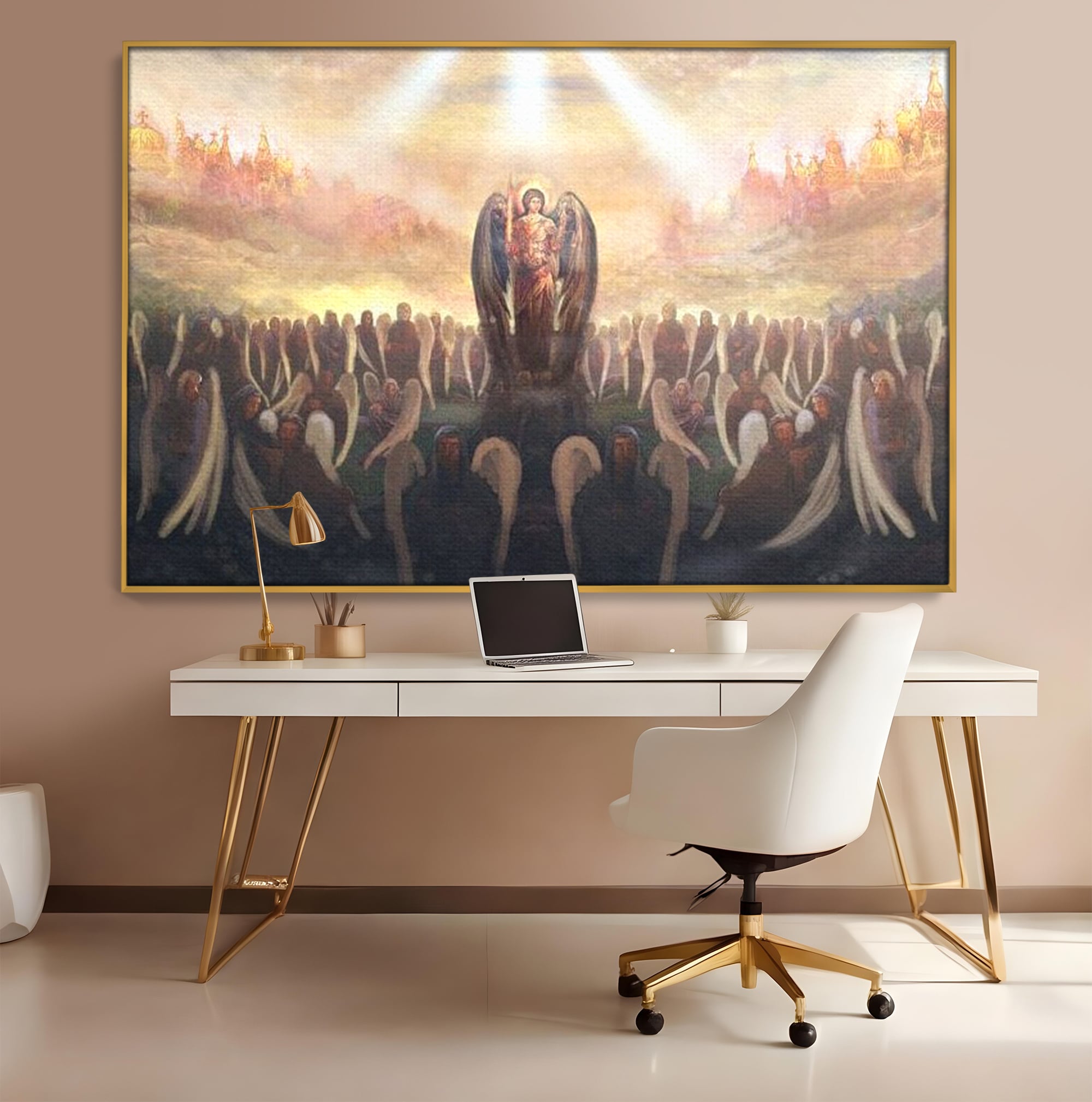 Tablou canvas cu pictura religioasa cu oastea cereasca si ingeri, in rama de aluminiu auriu, pe perete intr-un birou