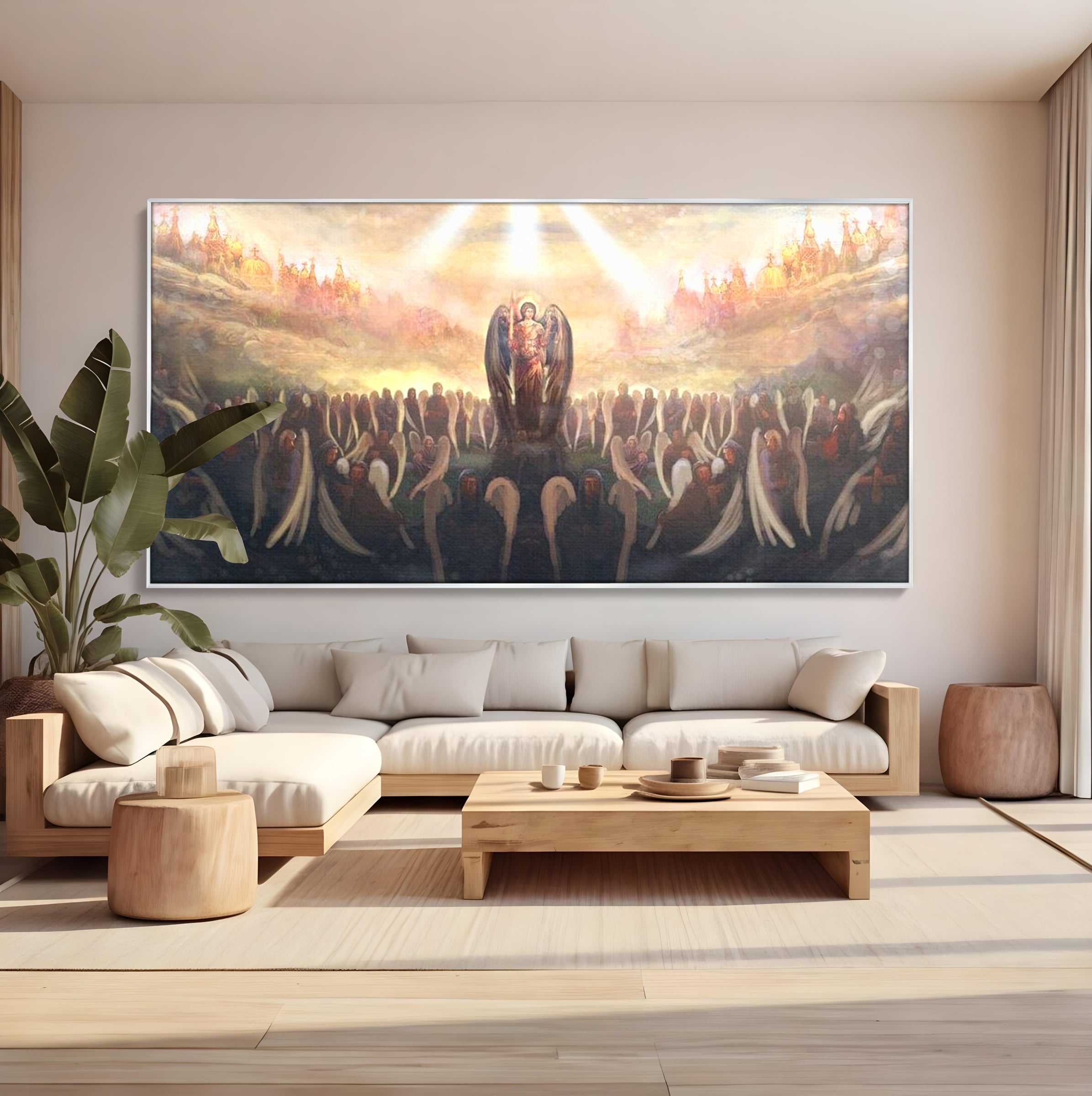 Tablou canvas cu pictura religioasa cu oastea cereasca si ingeri, in rama de aluminiu argintiu, pe perete intr-un living