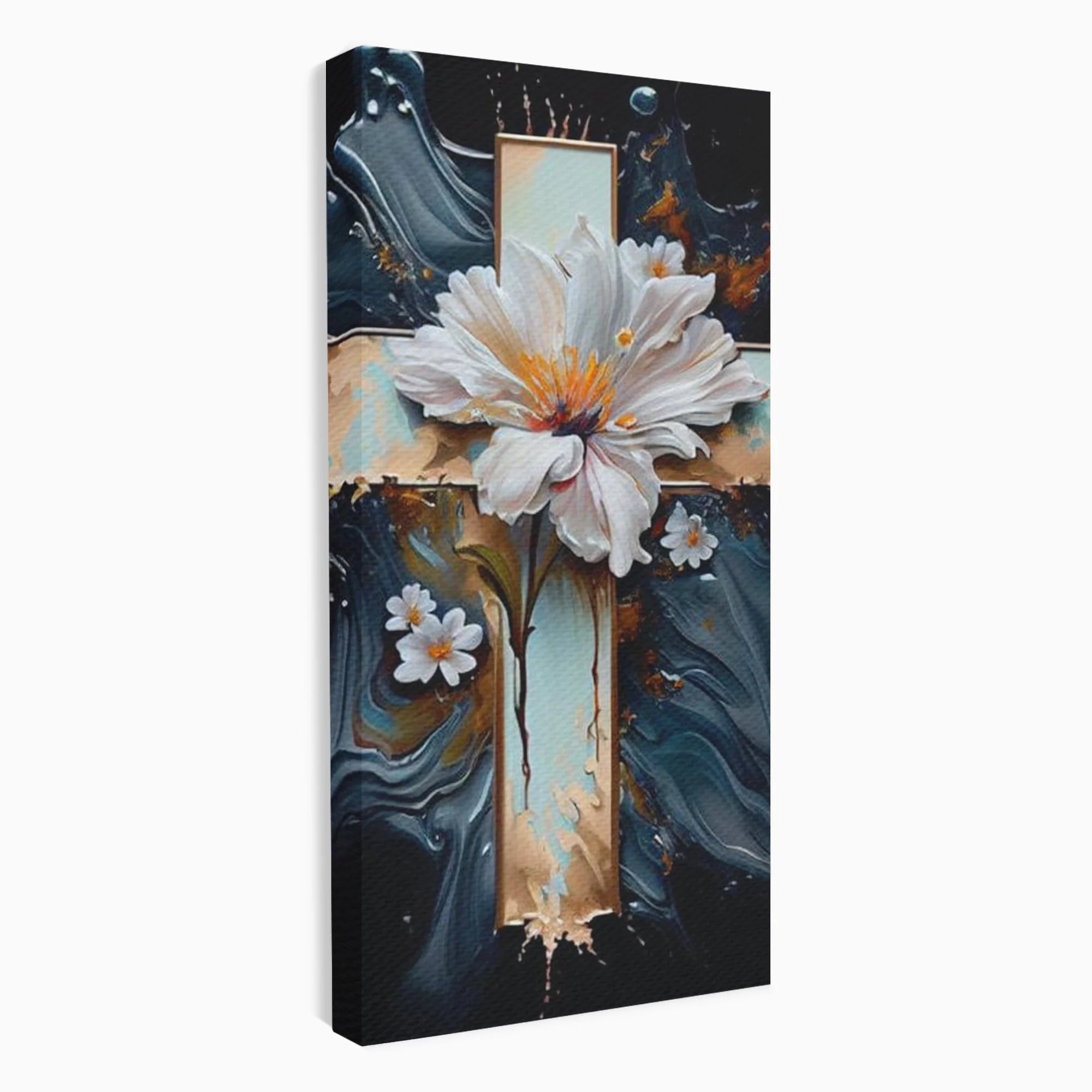 Tablou canvas cu tablou pictura cu cruce si flori albe, fara rama, pe sasiu de lemn