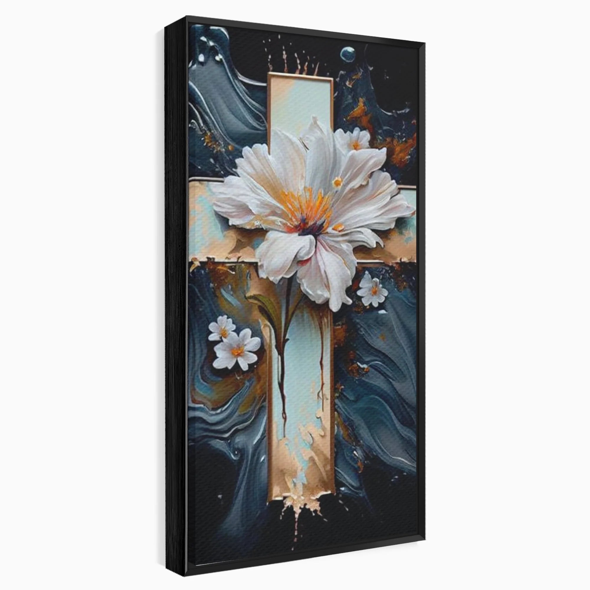 Tablou canvas cu tablou pictura cu cruce si flori albe, in rama de aluminiu negru