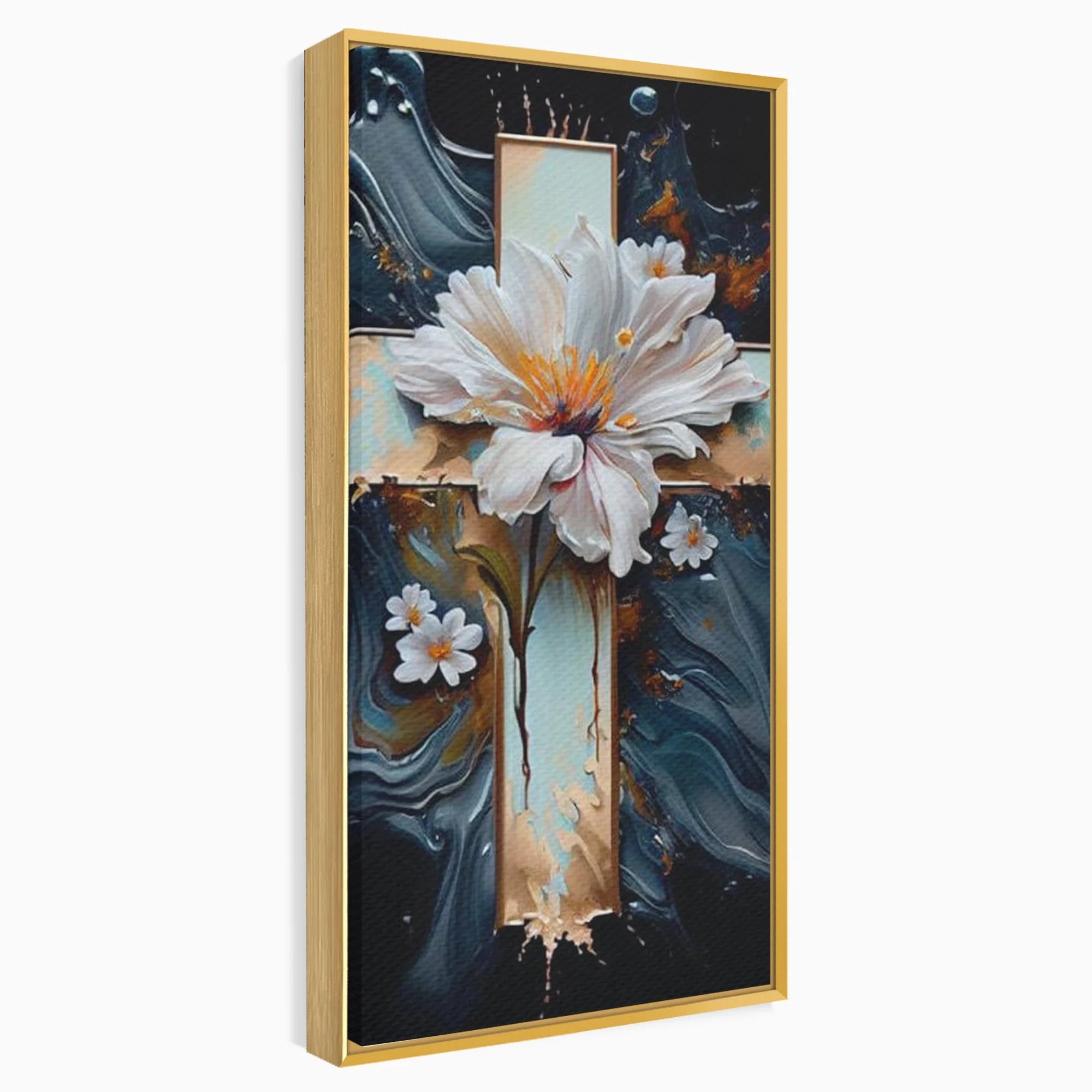 Tablou canvas cu tablou pictura cu cruce si flori albe, in rama de aluminiu auriu