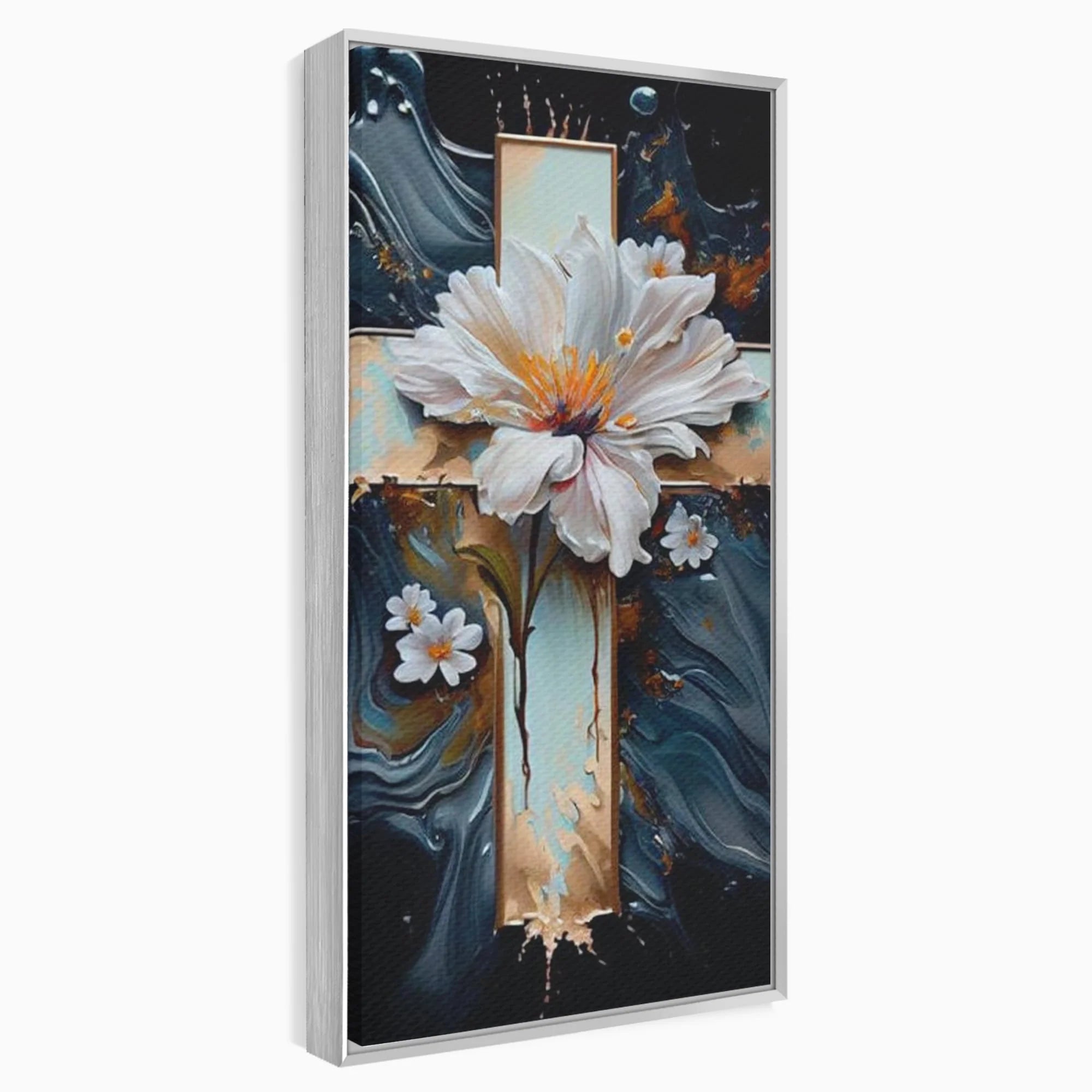 Tablou canvas cu tablou pictura cu cruce si flori albe, in rama de aluminiu argintiu