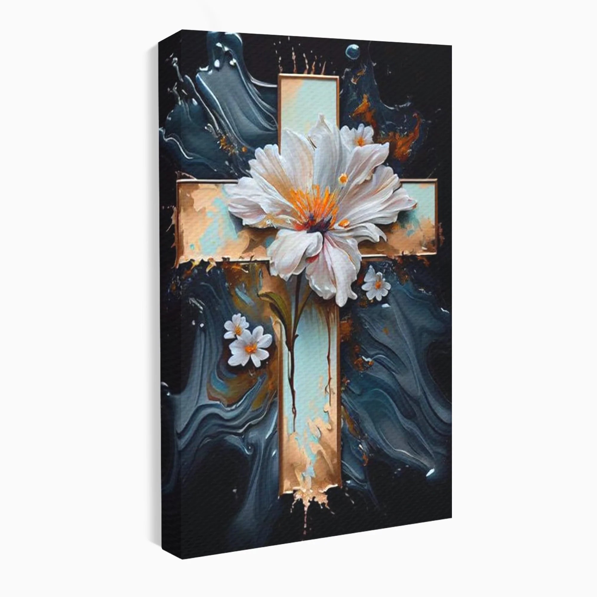 Tablou canvas cu tablou pictura cu cruce si flori albe, fara rama, pe sasiu de lemn