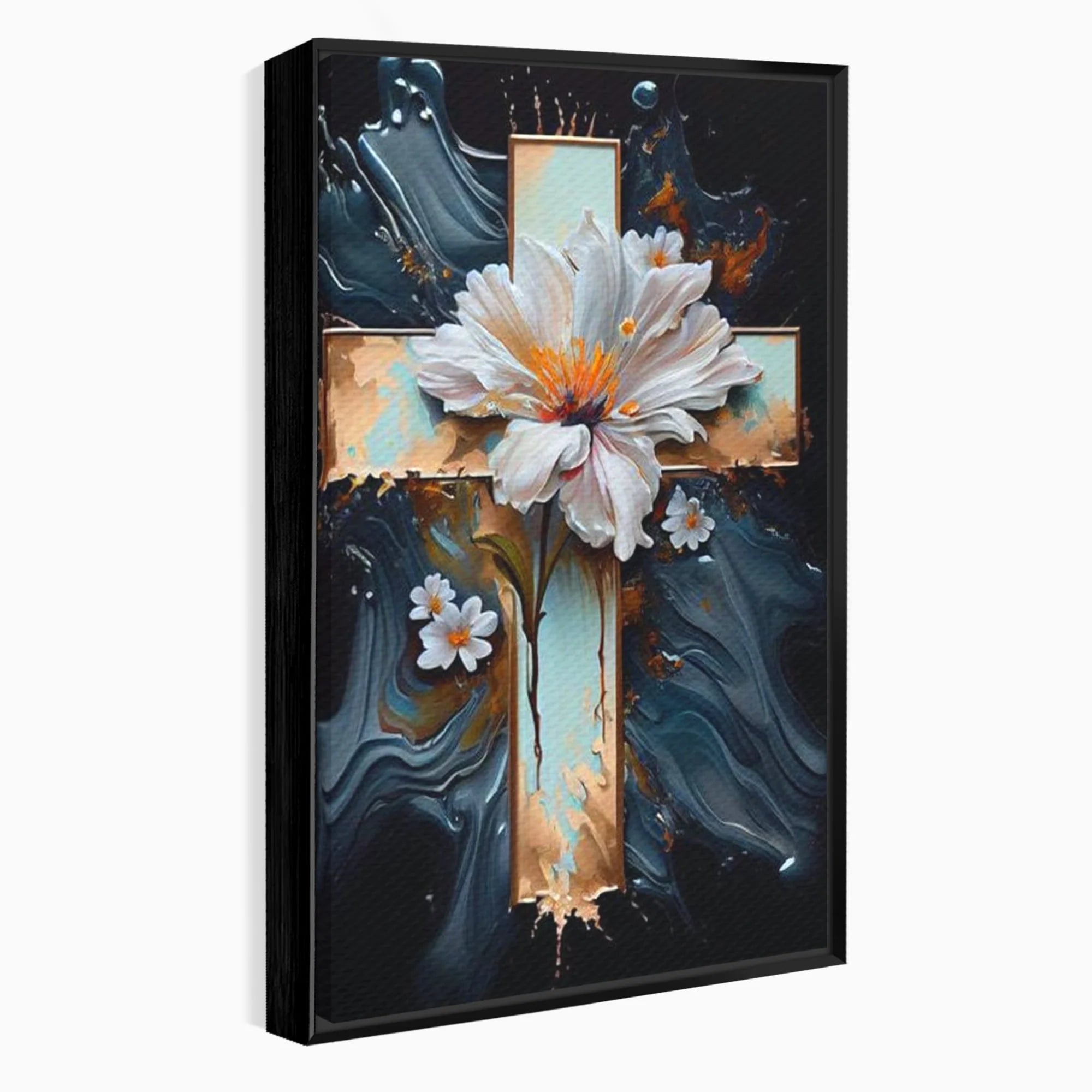 Tablou canvas cu tablou pictura cu cruce si flori albe, in rama de aluminiu negru