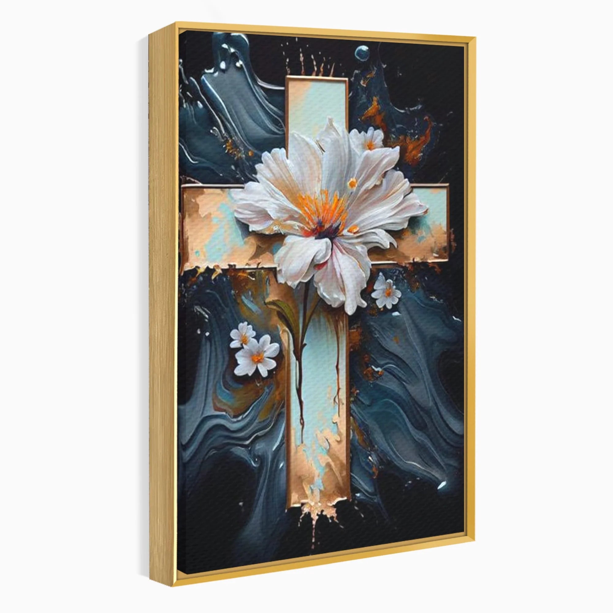 Tablou canvas cu tablou pictura cu cruce si flori albe, in rama de aluminiu auriu