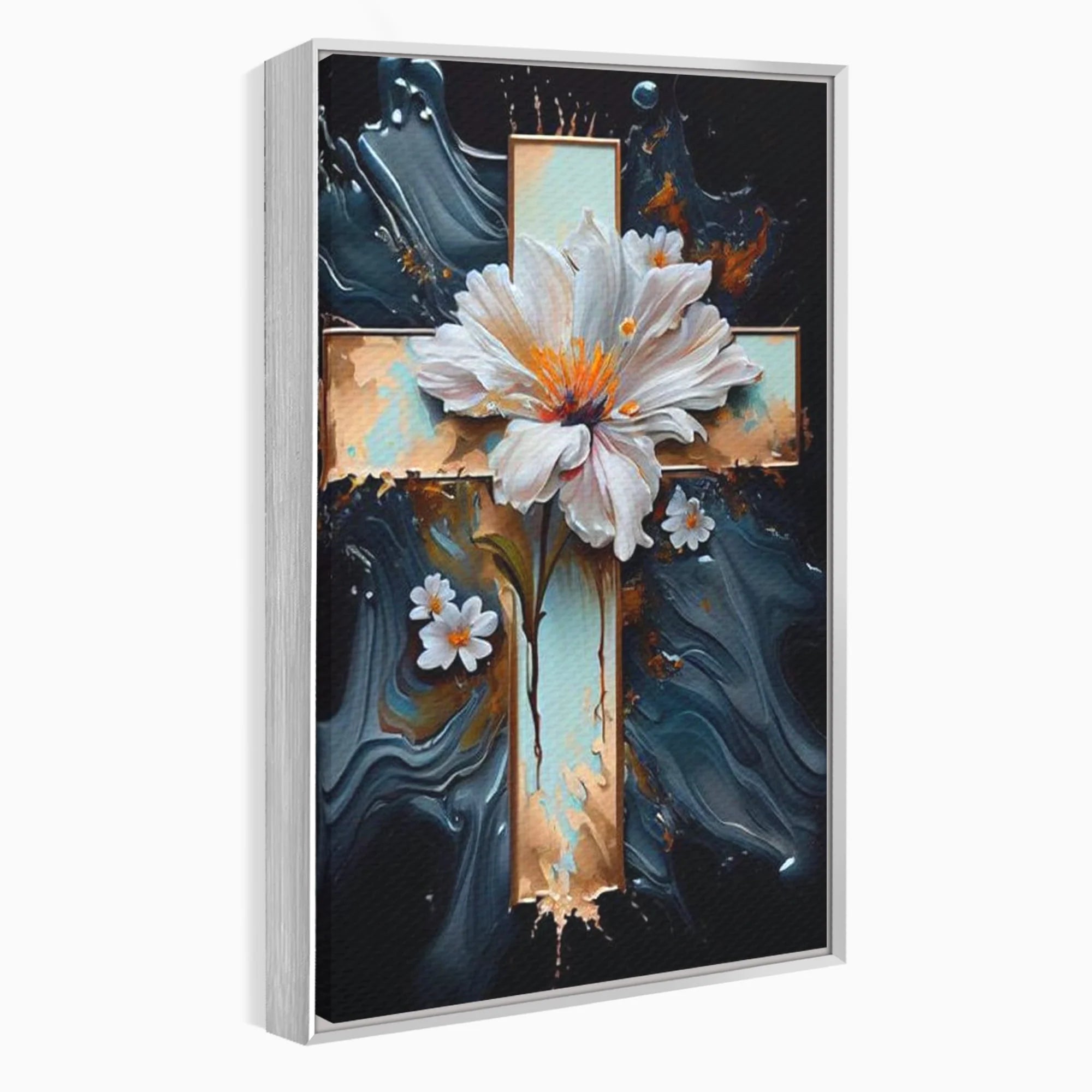 Tablou canvas cu tablou pictura cu cruce si flori albe, in rama de aluminiu argintiu