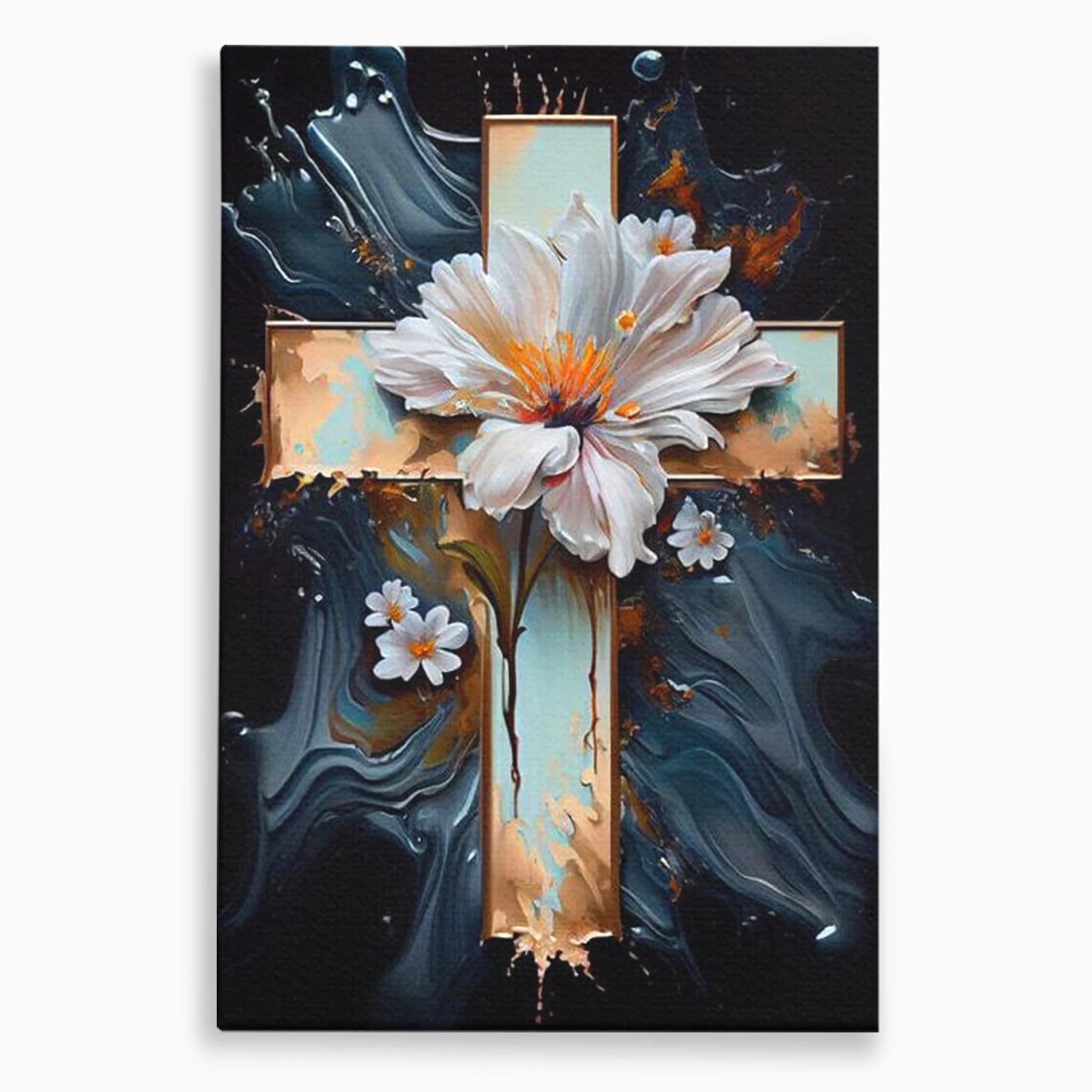 Tablou canvas cu tablou pictura cu cruce si flori albe, fara rama, pe sasiu de lemn