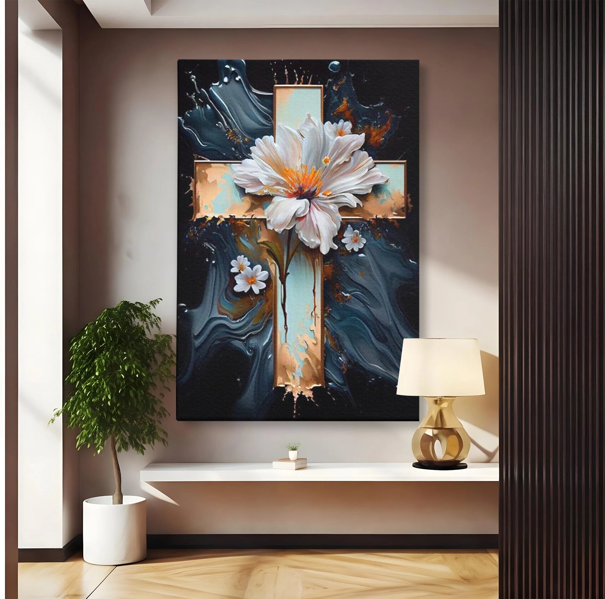 Tablou canvas cu tablou pictura cu cruce si flori albe, fara rama, pe sasiu de lemn