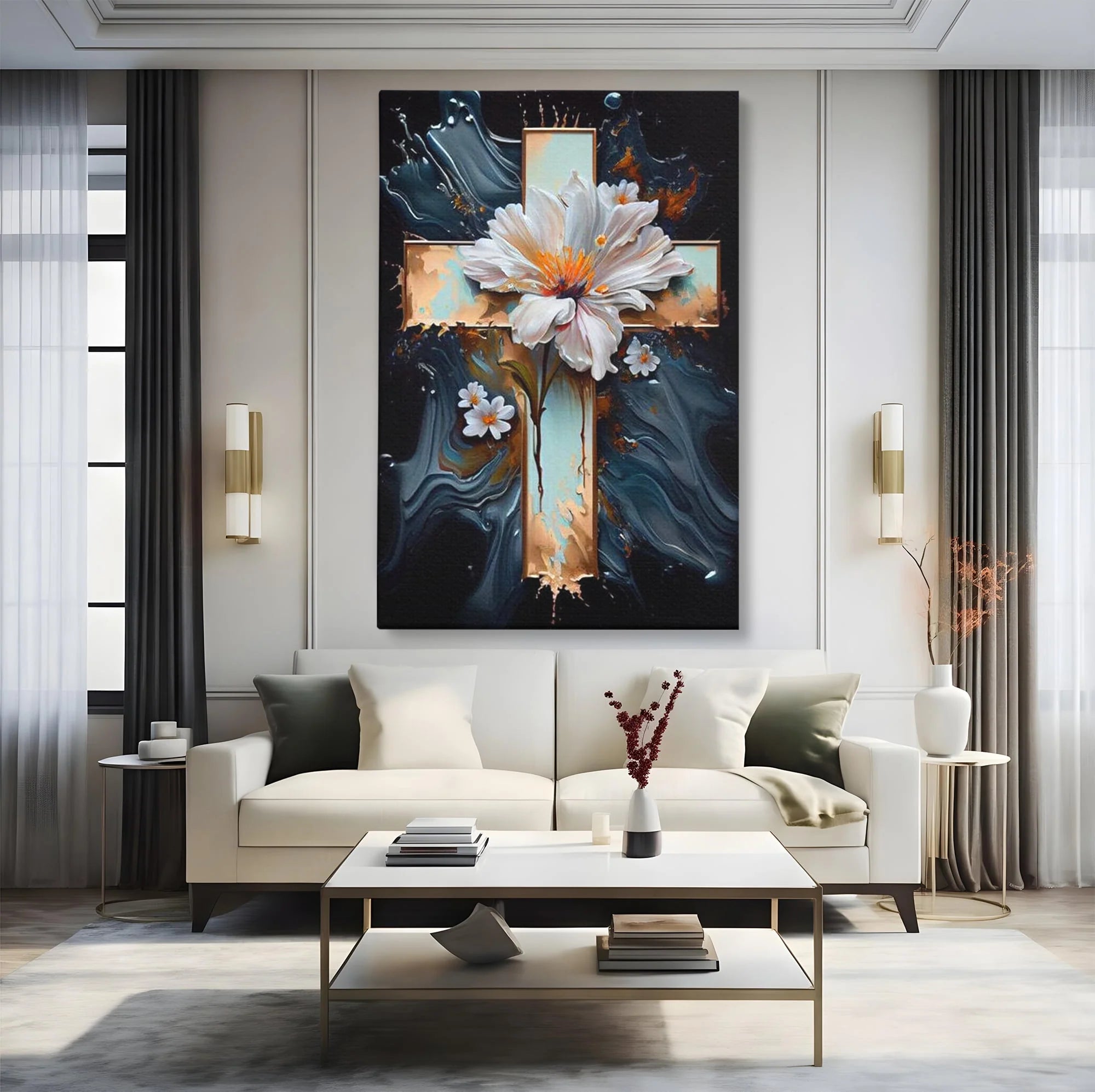 Tablou canvas cu tablou pictura cu cruce si flori albe, fara rama, pe sasiu de lemn, pe perete intr-un living