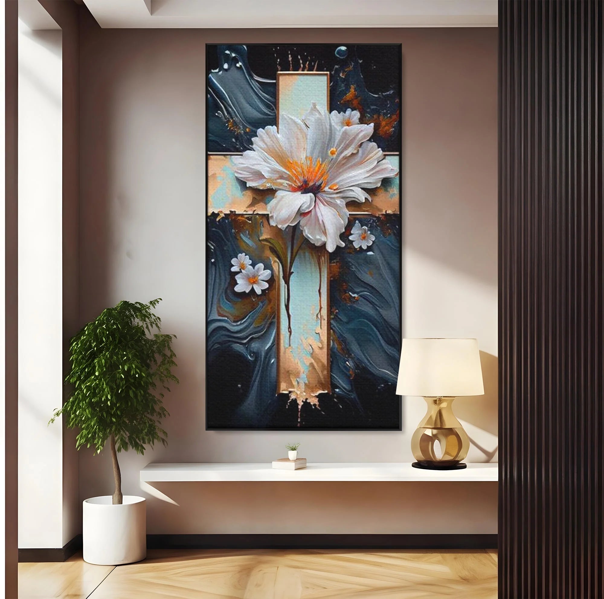 Tablou canvas cu tablou pictura cu cruce si flori albe, in rama de aluminiu negru