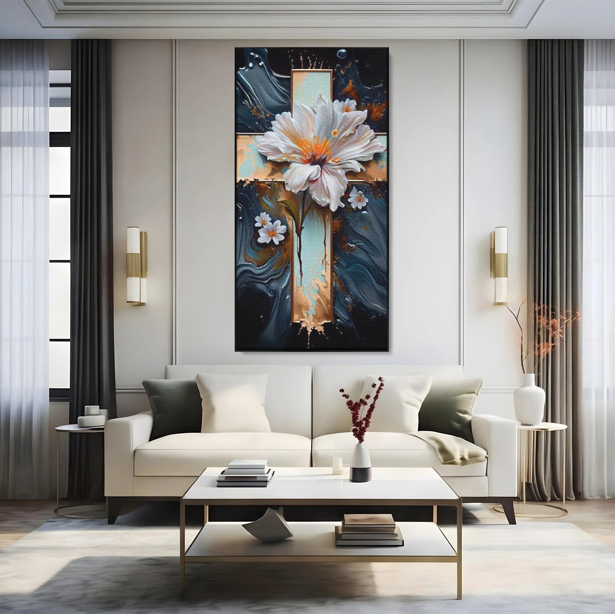 Tablou canvas cu tablou pictura cu cruce si flori albe, in rama de aluminiu negru, pe perete intr-un living