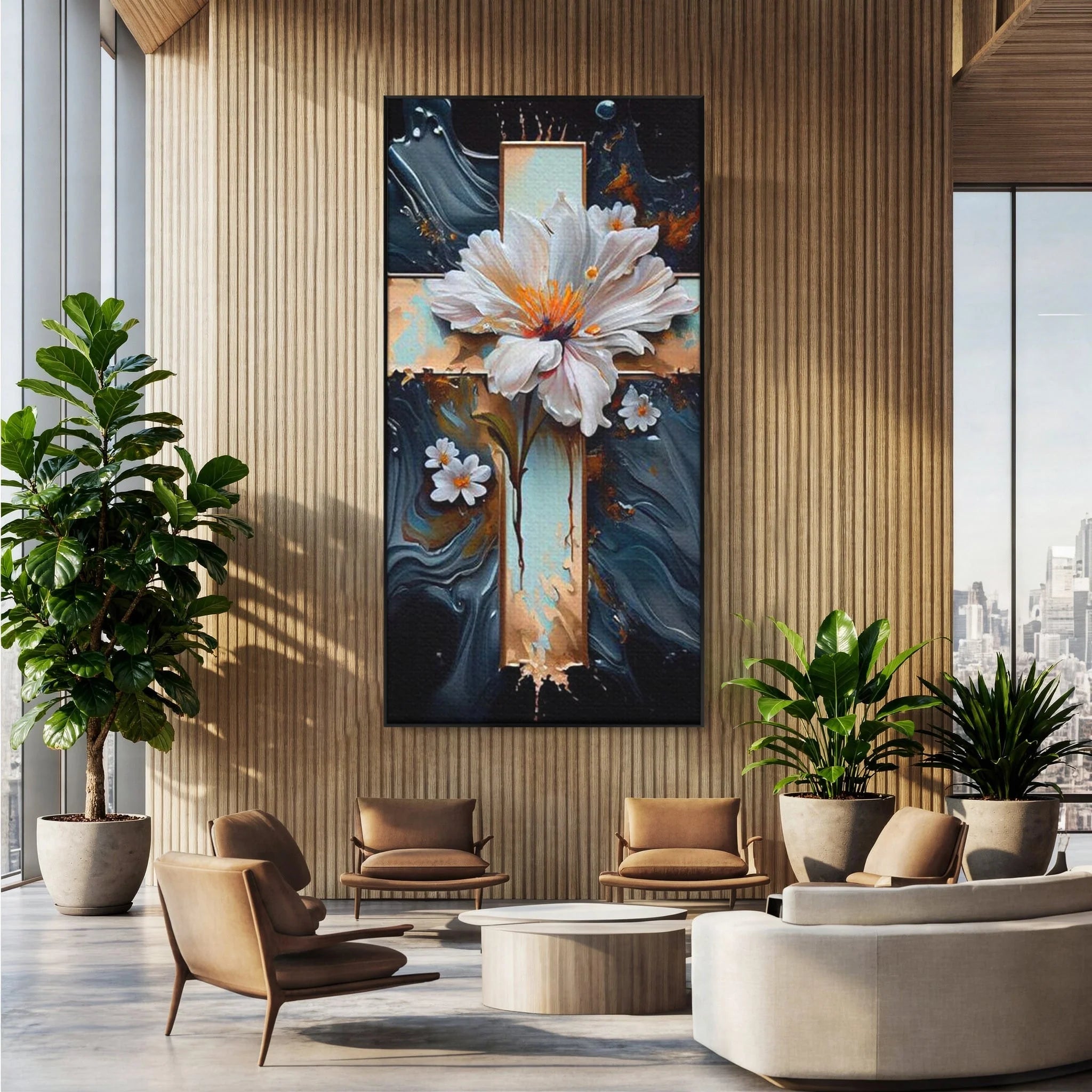 Tablou canvas cu tablou pictura cu cruce si flori albe, in rama de aluminiu negru, pe perete intr-un birou