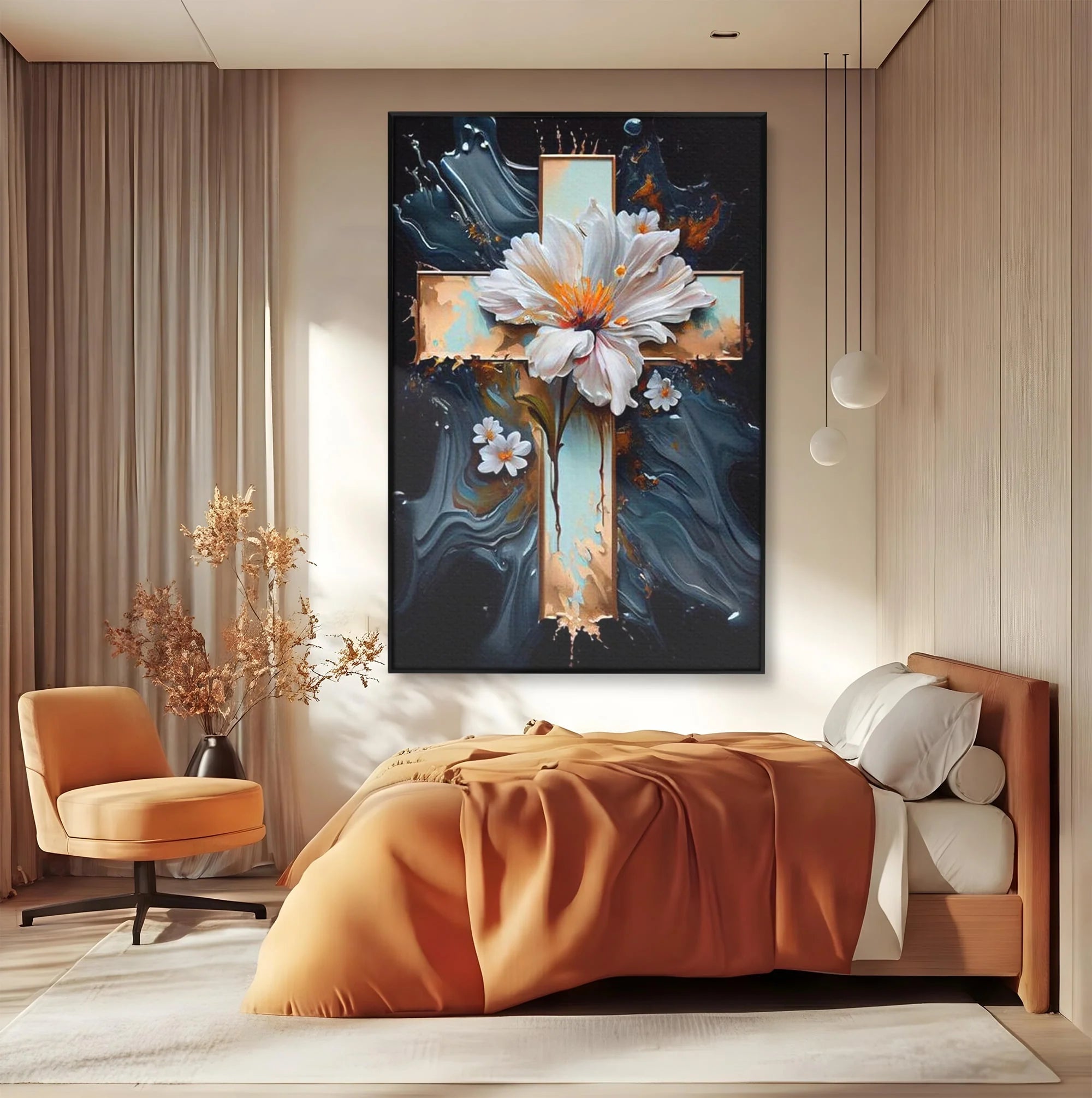 Tablou canvas cu tablou pictura cu cruce si flori albe, in rama de aluminiu negru, pe perete intr-un dormitor