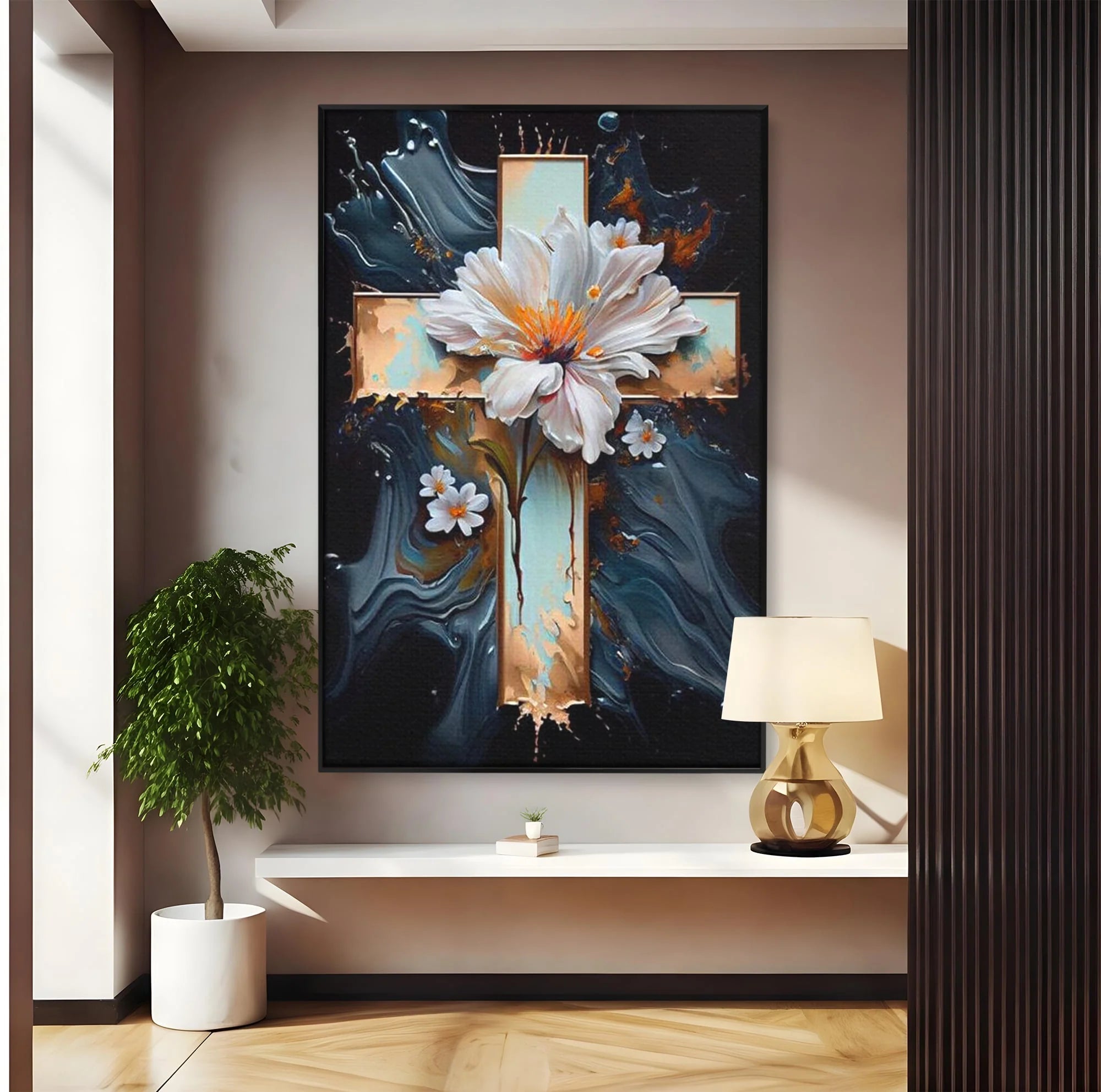 Tablou canvas cu tablou pictura cu cruce si flori albe, in rama de aluminiu negru