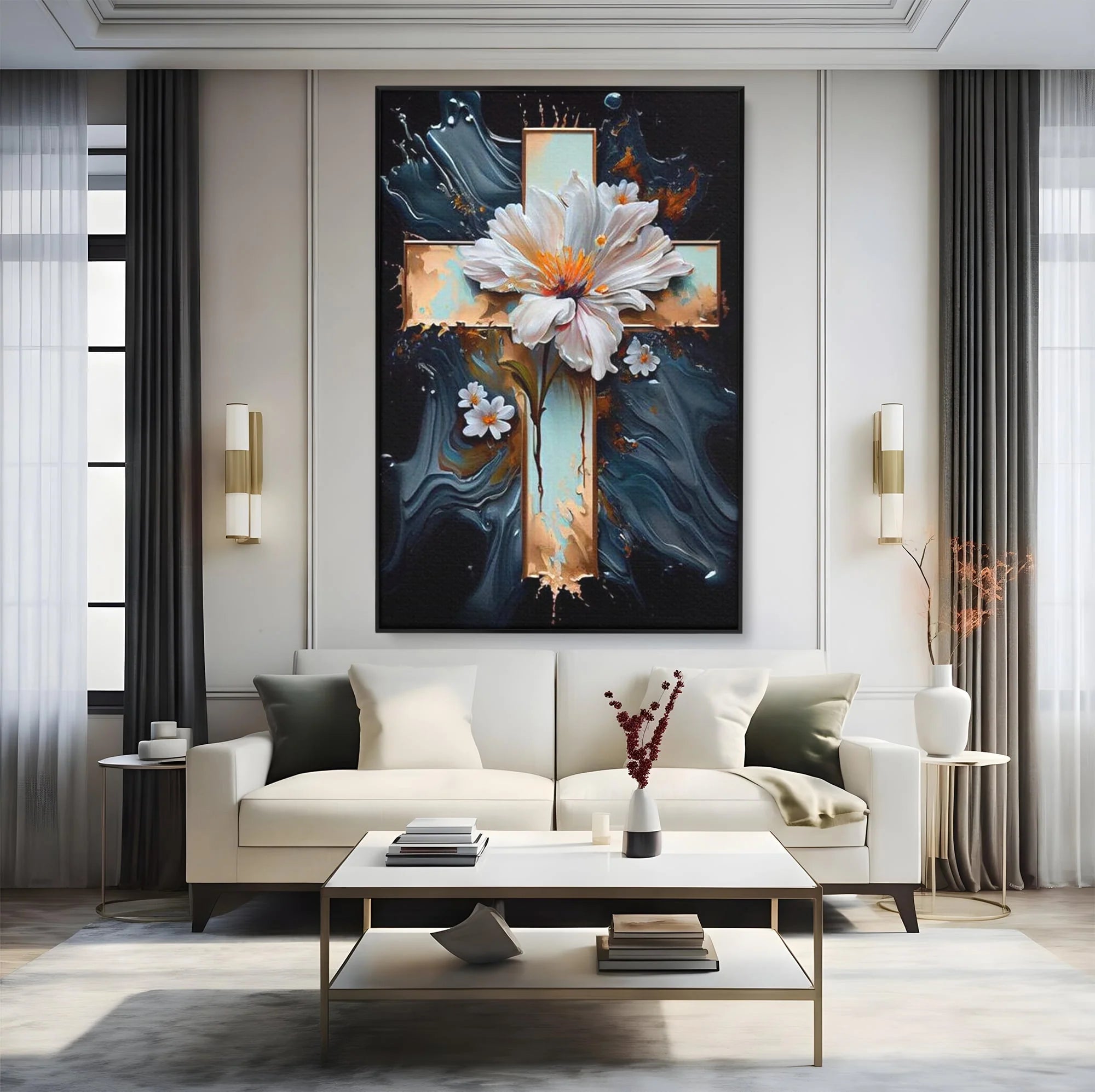 Tablou canvas cu tablou pictura cu cruce si flori albe, in rama de aluminiu negru, pe perete intr-un living