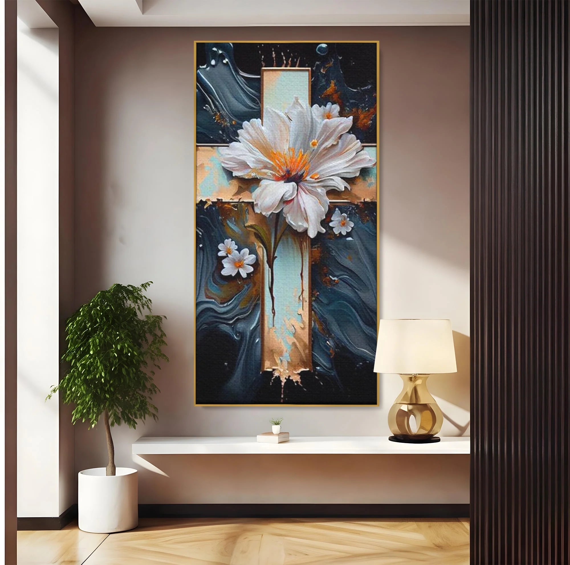 Tablou canvas cu tablou pictura cu cruce si flori albe, in rama de aluminiu auriu