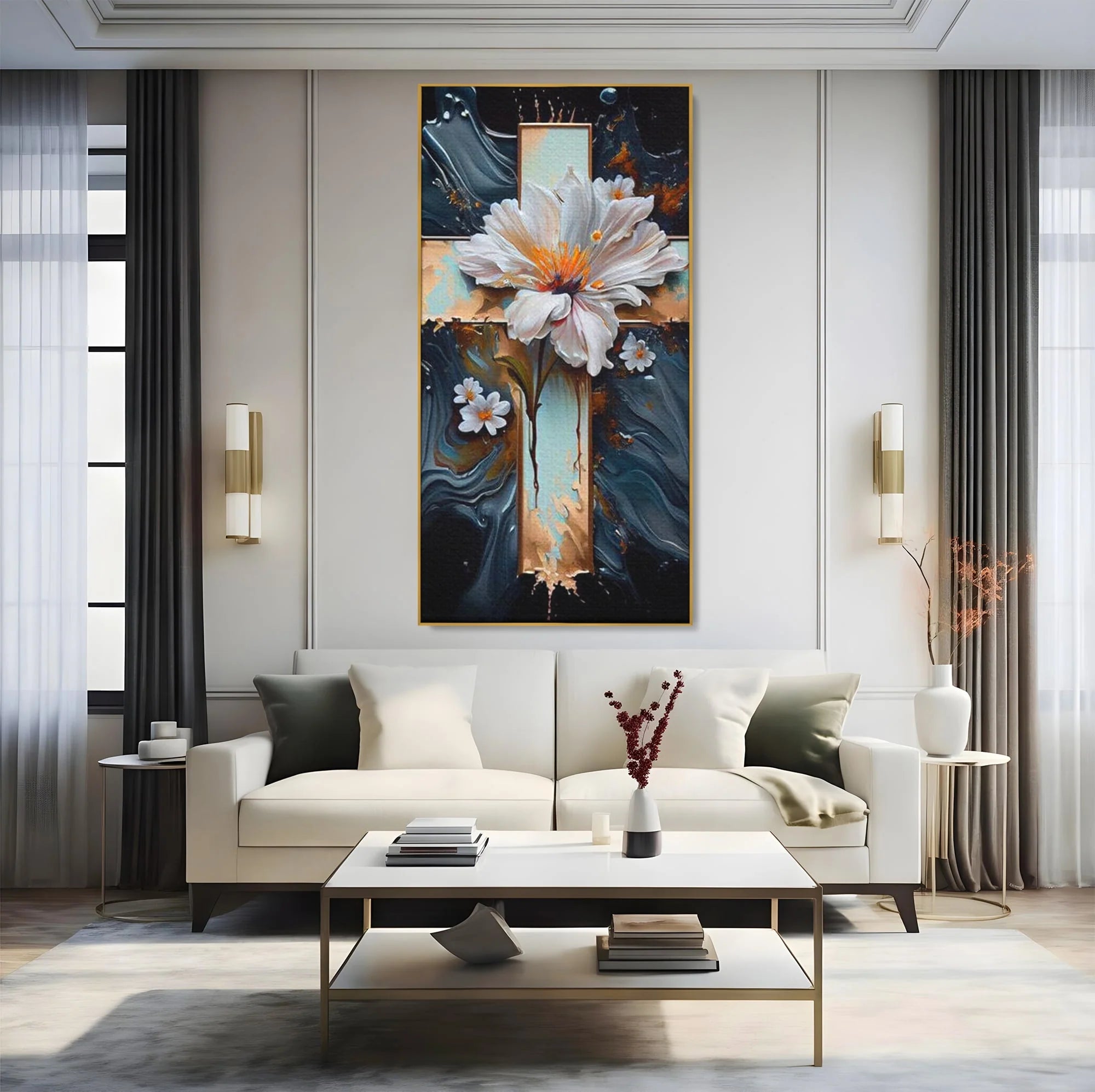 Tablou canvas cu tablou pictura cu cruce si flori albe, in rama de aluminiu auriu, pe perete intr-un living