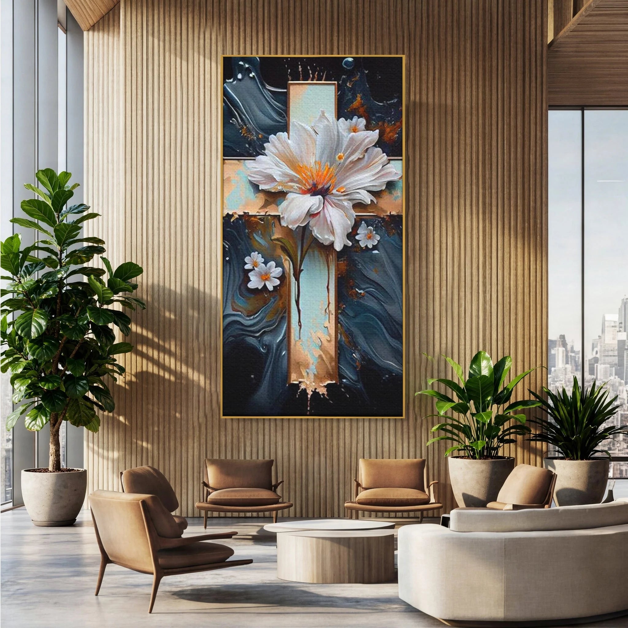 Tablou canvas cu tablou pictura cu cruce si flori albe, in rama de aluminiu auriu, pe perete intr-un birou