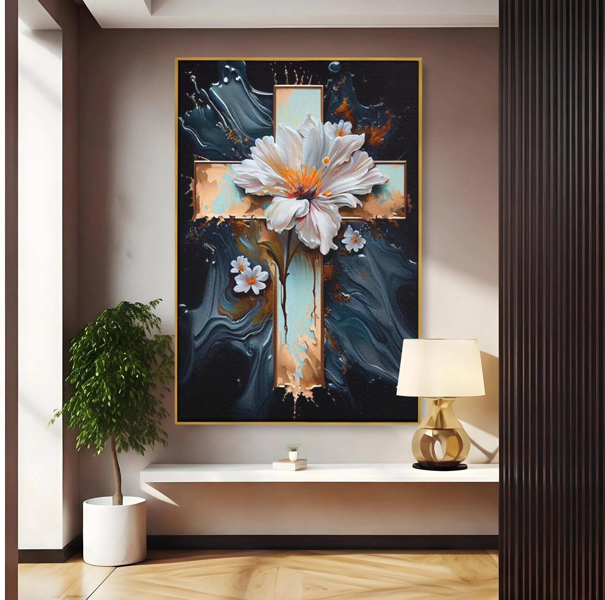 Tablou canvas cu tablou pictura cu cruce si flori albe, in rama de aluminiu auriu