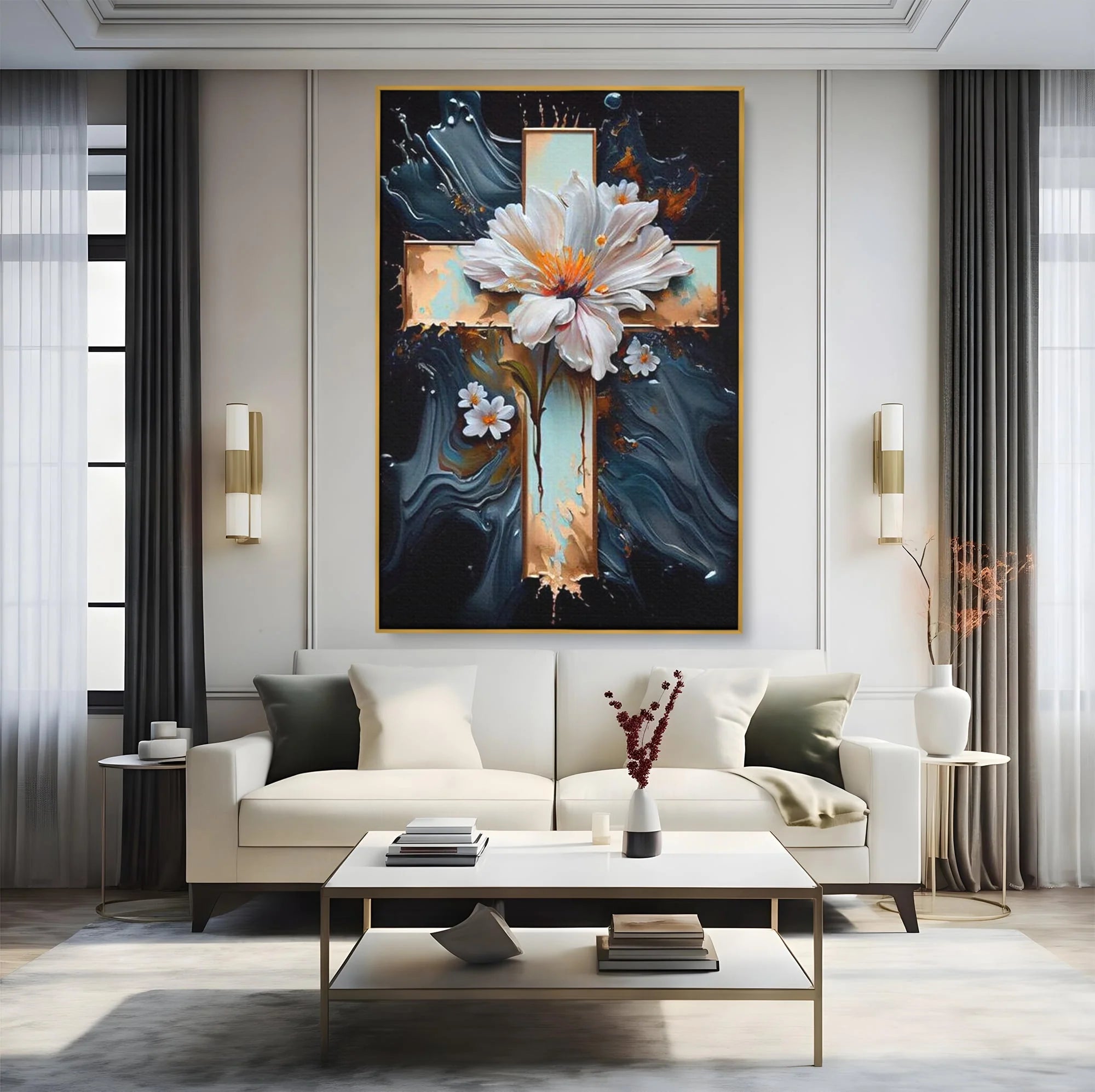 Tablou canvas cu tablou pictura cu cruce si flori albe, in rama de aluminiu auriu, pe perete intr-un living