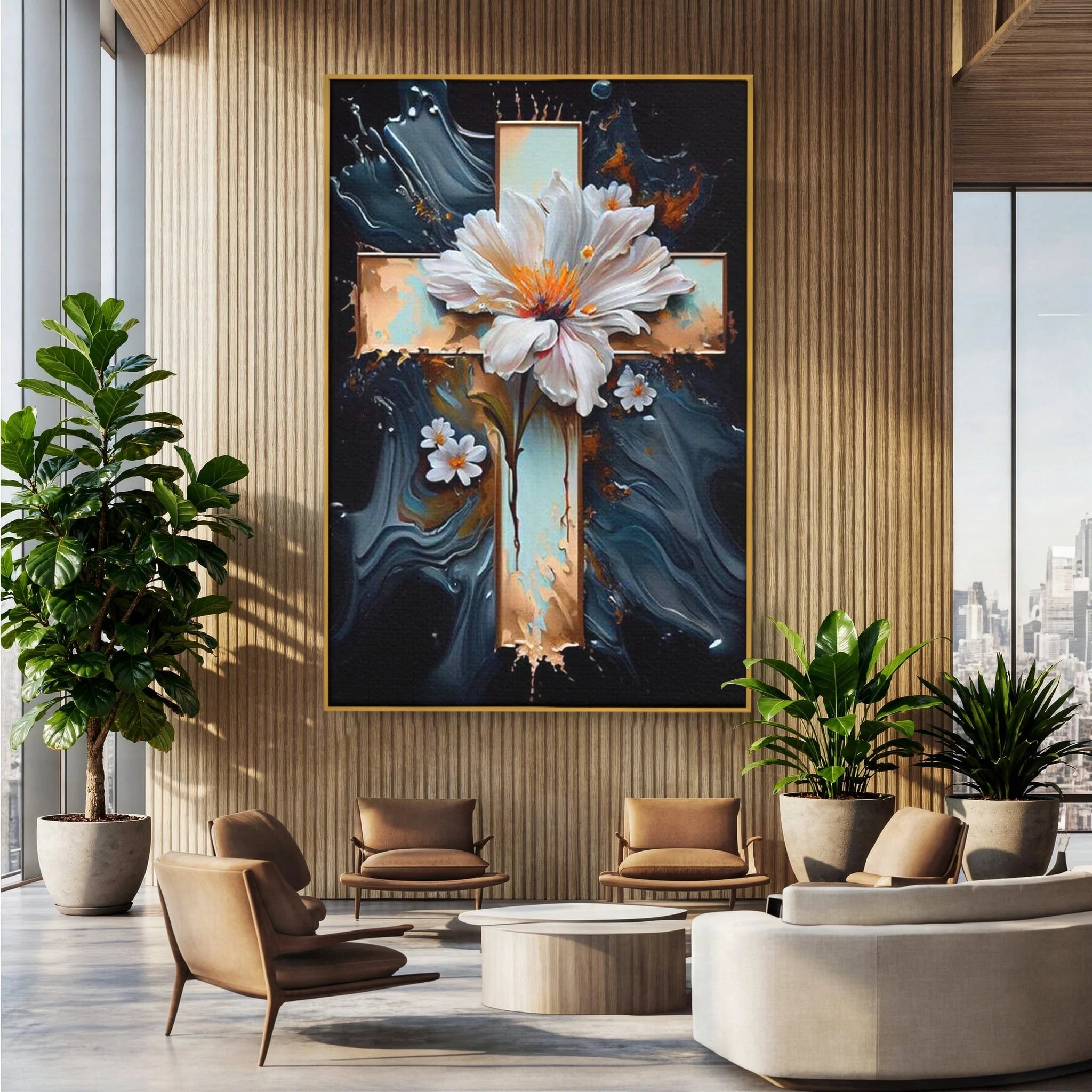 Tablou canvas cu tablou pictura cu cruce si flori albe, in rama de aluminiu auriu, pe perete intr-un birou