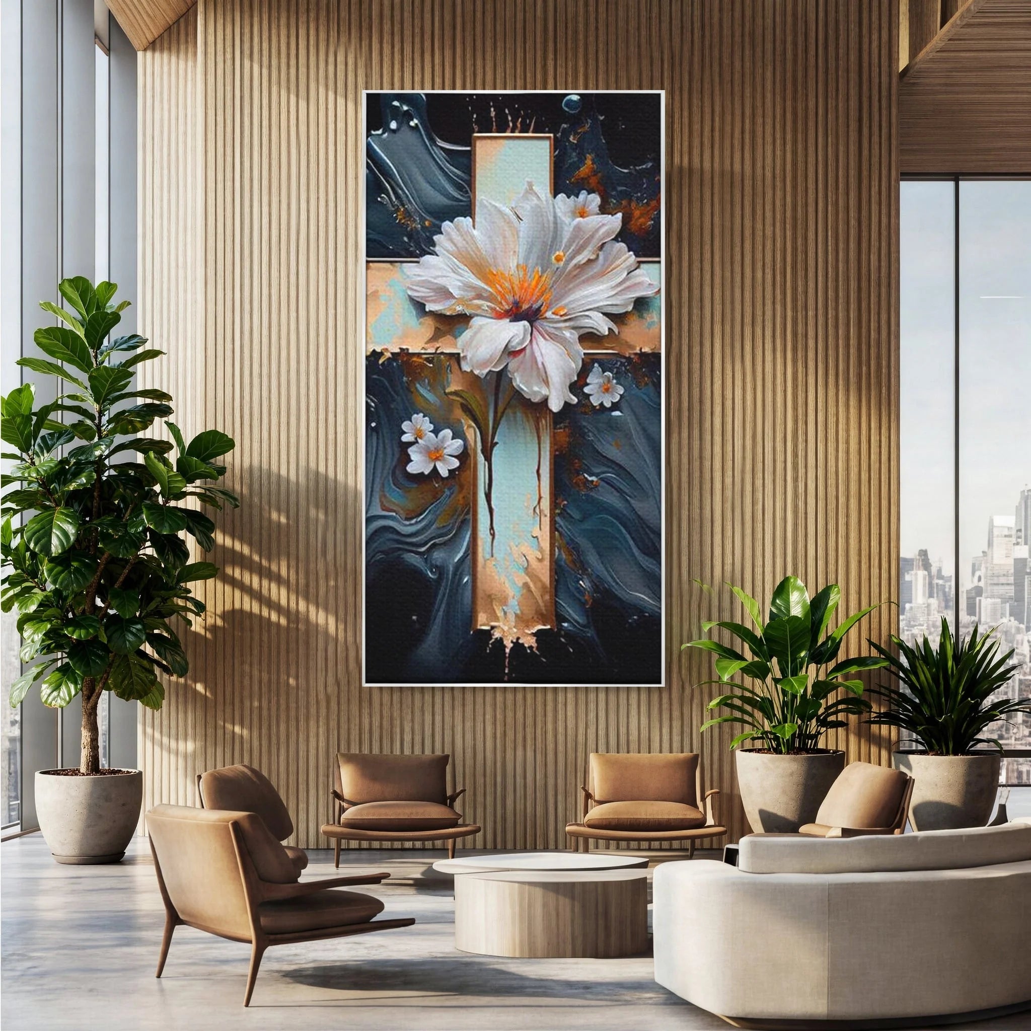 Tablou canvas cu tablou pictura cu cruce si flori albe, in rama de aluminiu argintiu, pe perete intr-un birou