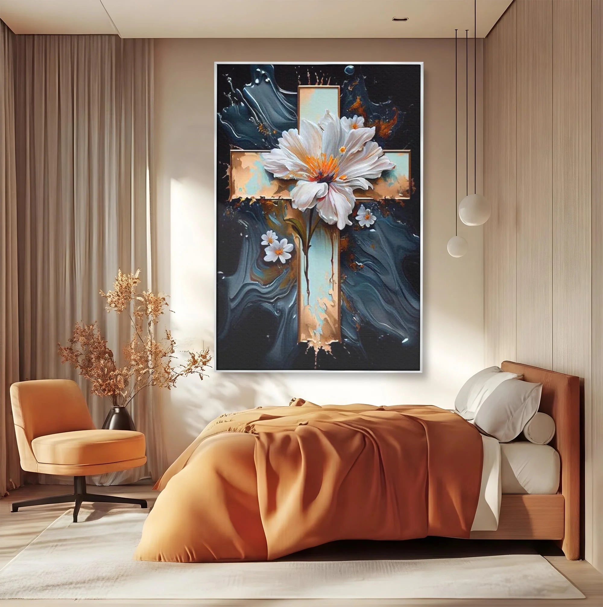 Tablou canvas cu tablou pictura cu cruce si flori albe, in rama de aluminiu argintiu, pe perete intr-un dormitor