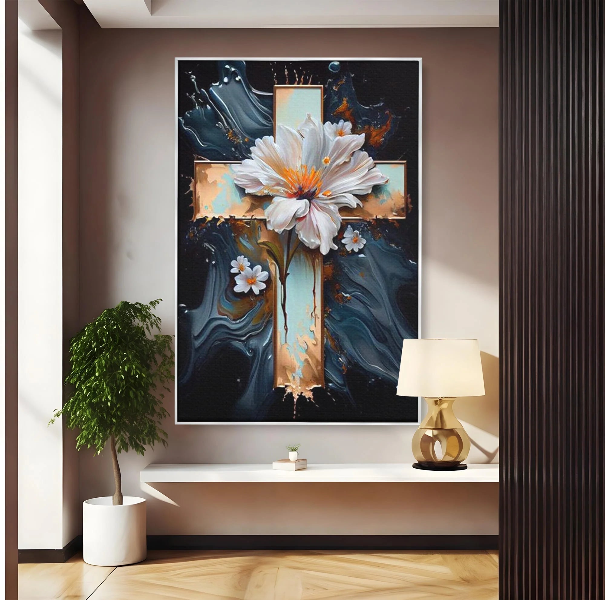 Tablou canvas cu tablou pictura cu cruce si flori albe, in rama de aluminiu argintiu