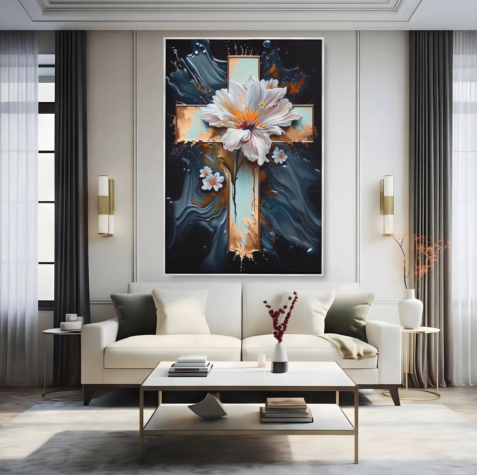 Tablou canvas cu tablou pictura cu cruce si flori albe, in rama de aluminiu argintiu, pe perete intr-un living