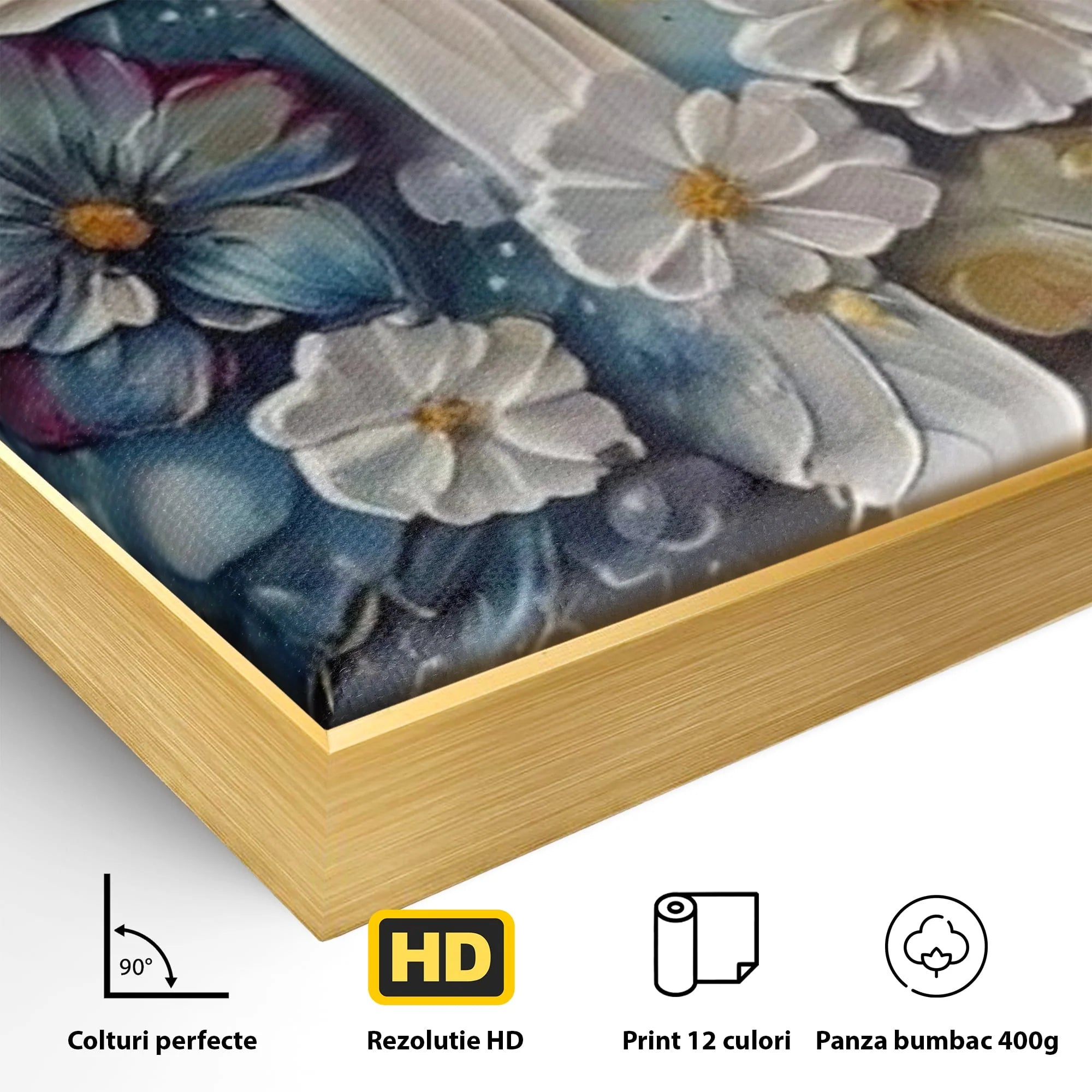 Detaliu al suprafetei: pictura canvas cu cruce si flori, in rama de aluminiu auriu