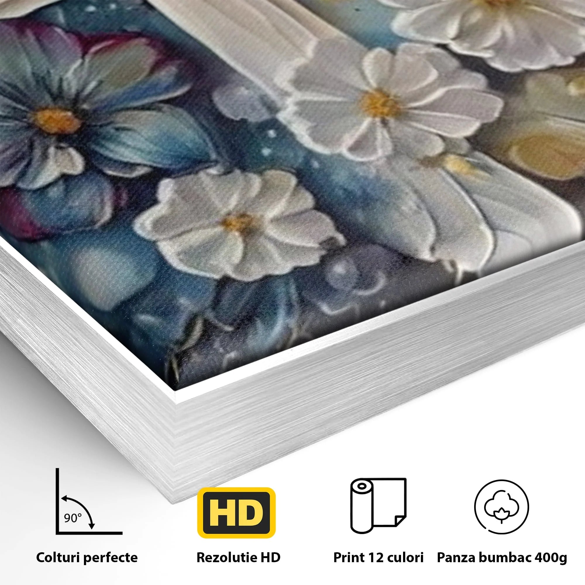 Detaliu al suprafetei: pictura canvas cu cruce si flori, in rama de aluminiu argintiu