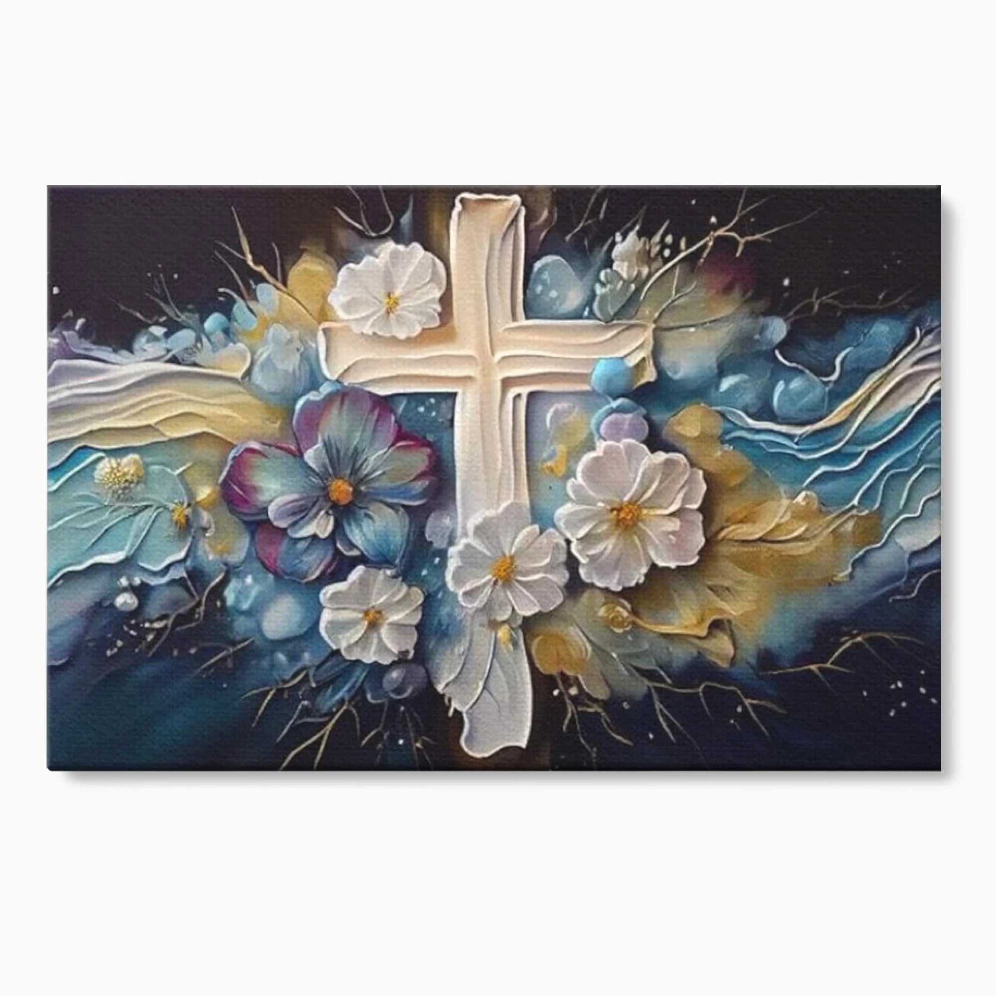 Tablou canvas cu pictura canvas cu cruce si flori, fara rama, pe sasiu de lemn