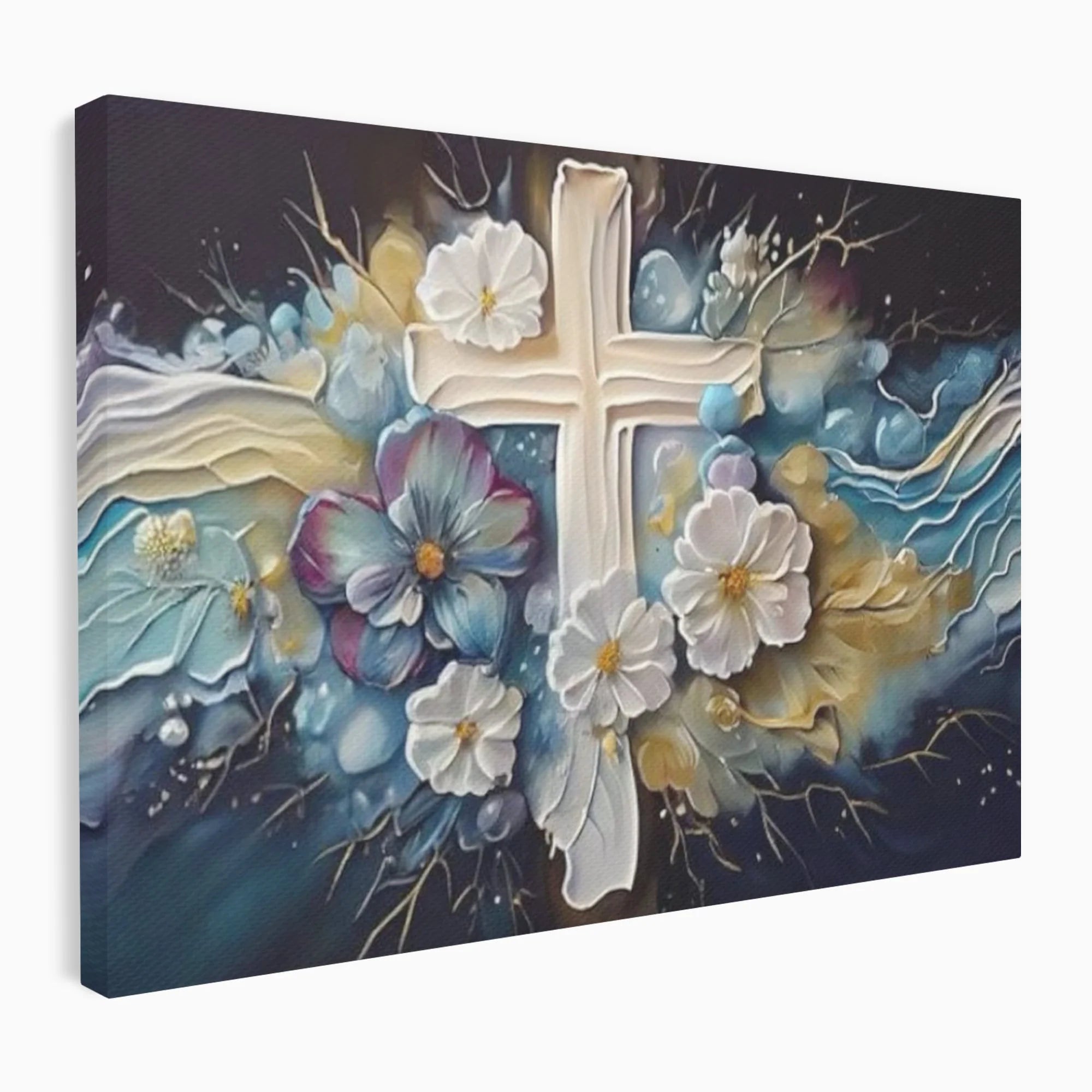 Tablou canvas cu pictura canvas cu cruce si flori, fara rama, pe sasiu de lemn