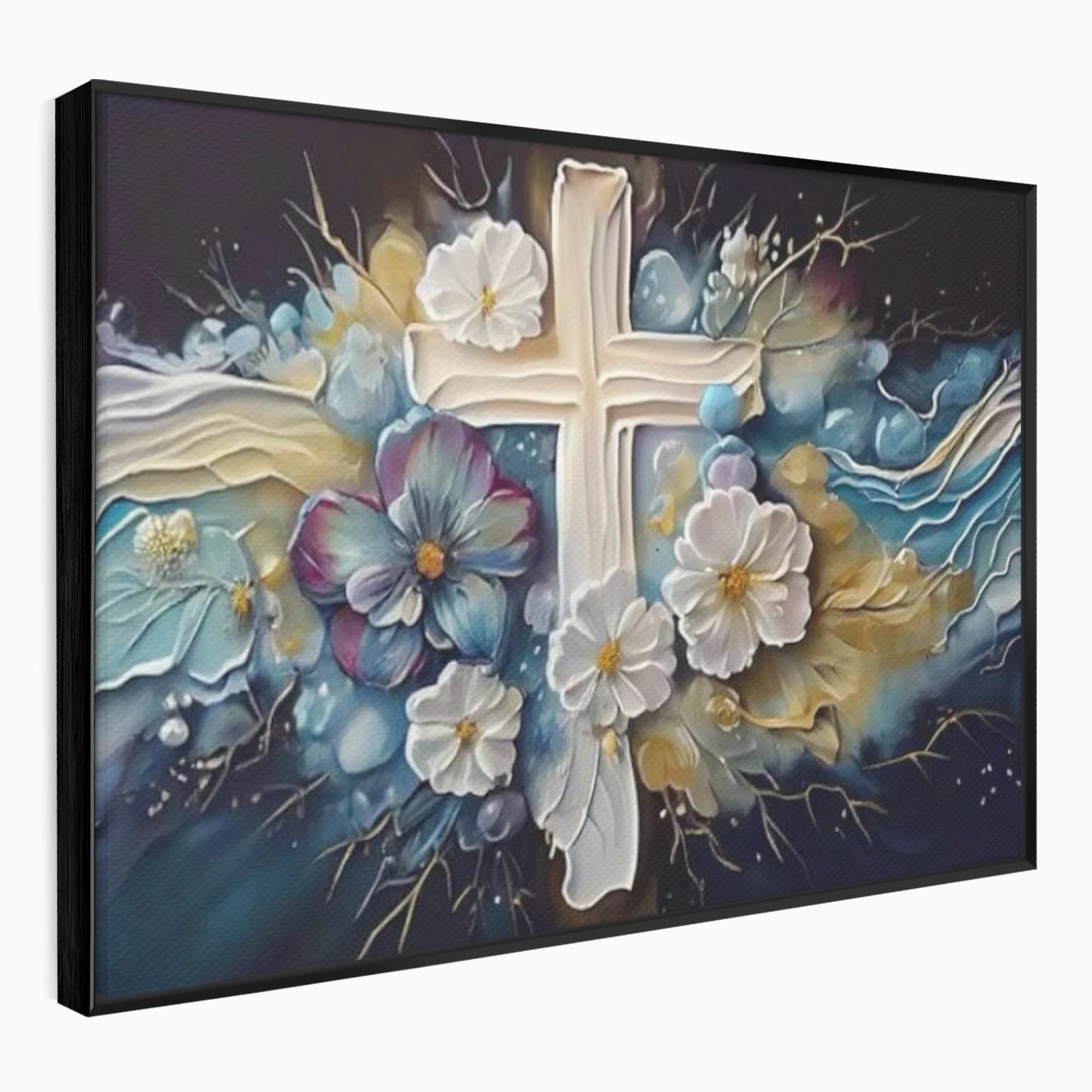 Tablou canvas cu pictura canvas cu cruce si flori, in rama de aluminiu negru