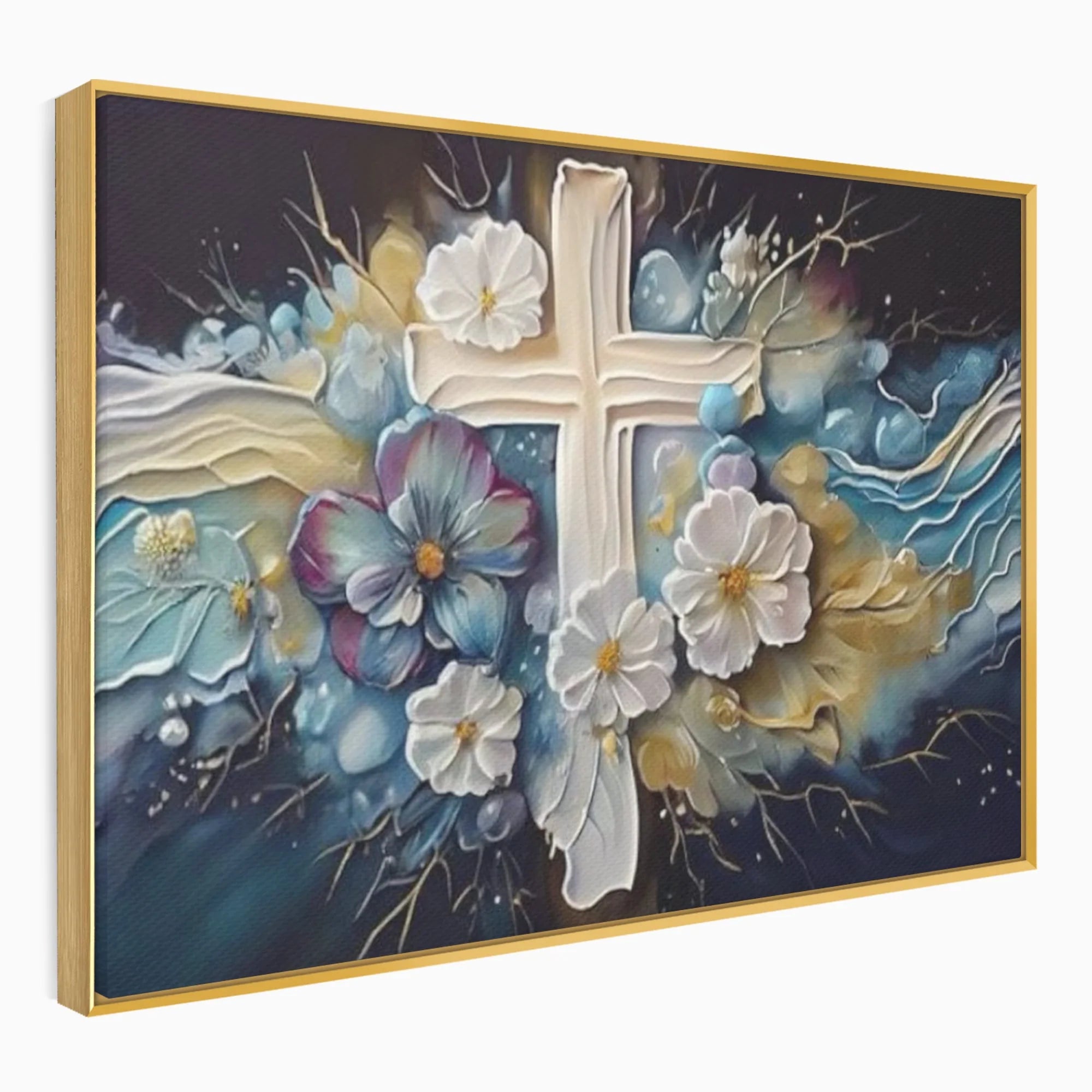 Tablou canvas cu pictura canvas cu cruce si flori, in rama de aluminiu auriu