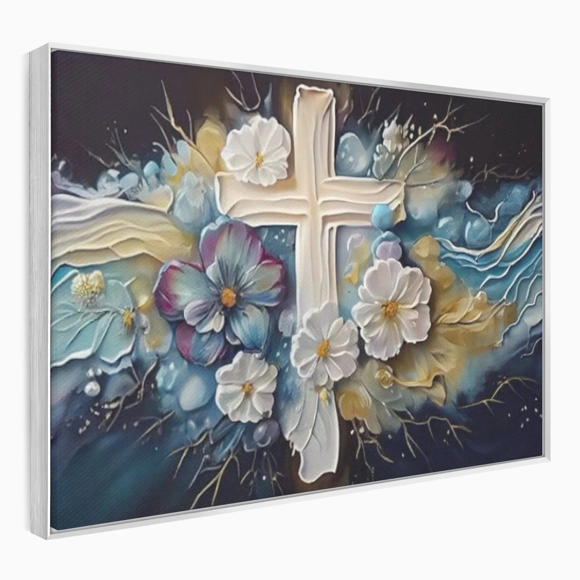 Tablou canvas cu pictura canvas cu cruce si flori, in rama de aluminiu argintiu