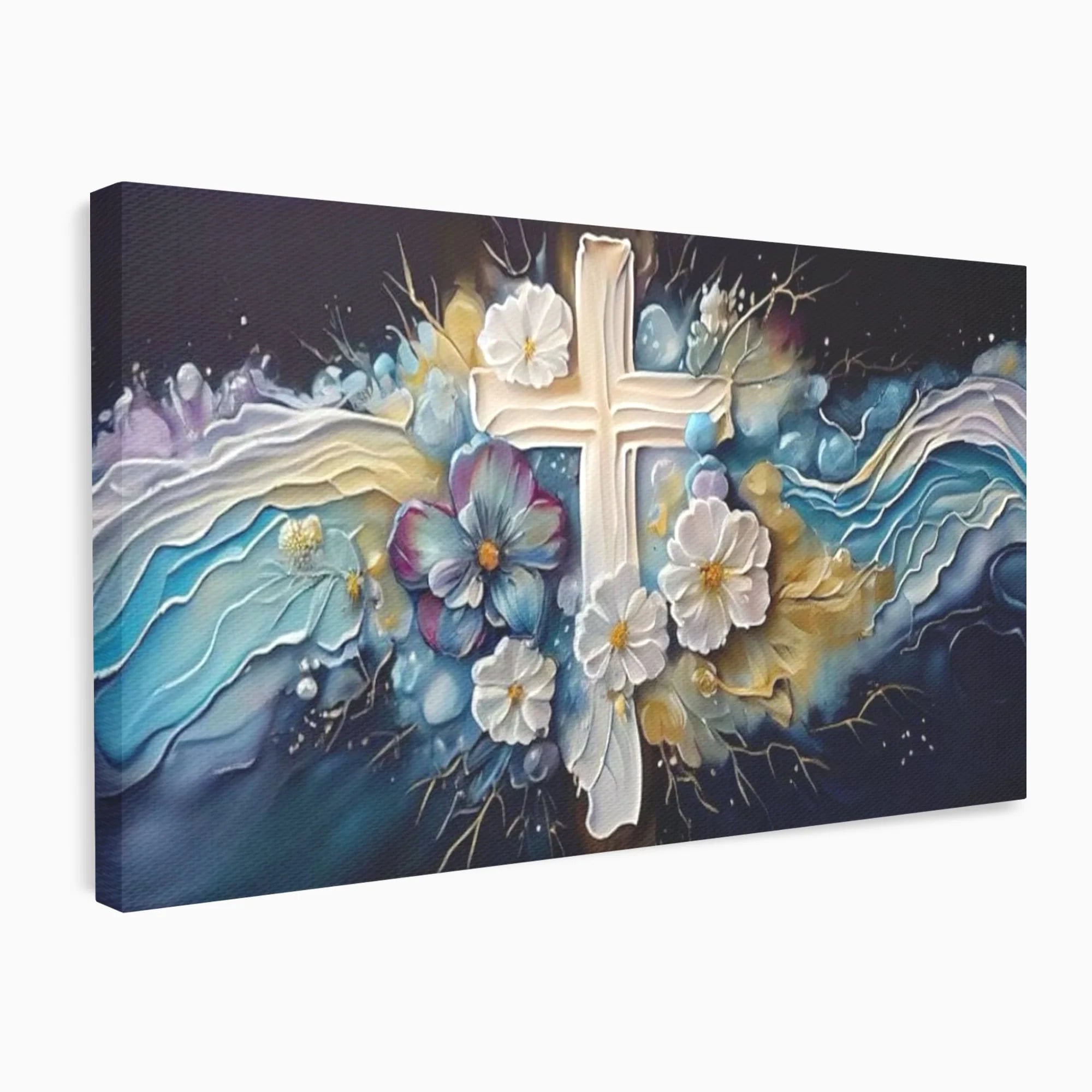 Tablou canvas cu pictura canvas cu cruce si flori, fara rama, pe sasiu de lemn