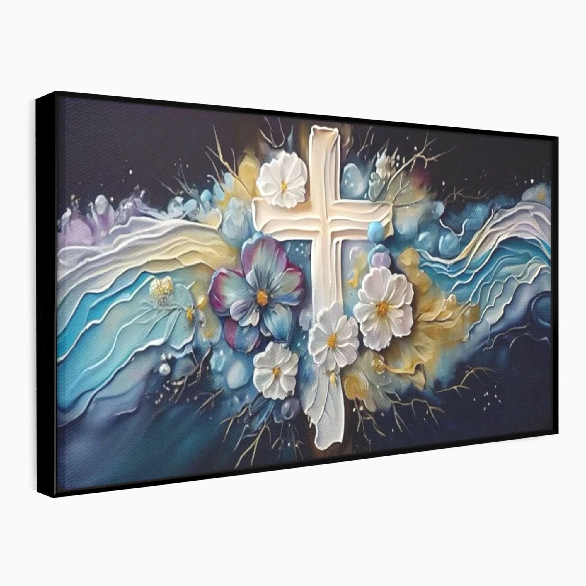Tablou canvas cu pictura canvas cu cruce si flori, in rama de aluminiu negru