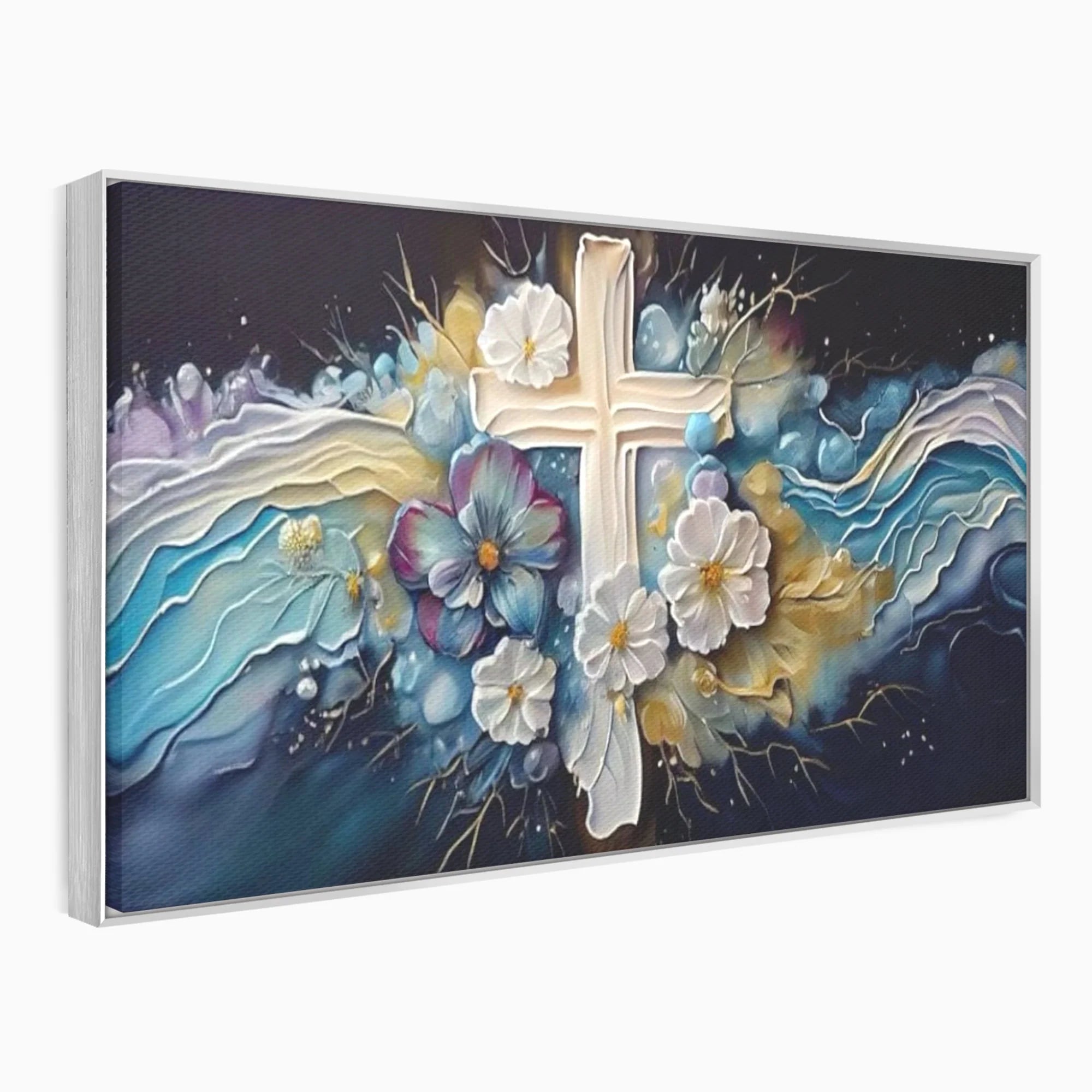 Tablou canvas cu pictura canvas cu cruce si flori, in rama de aluminiu argintiu
