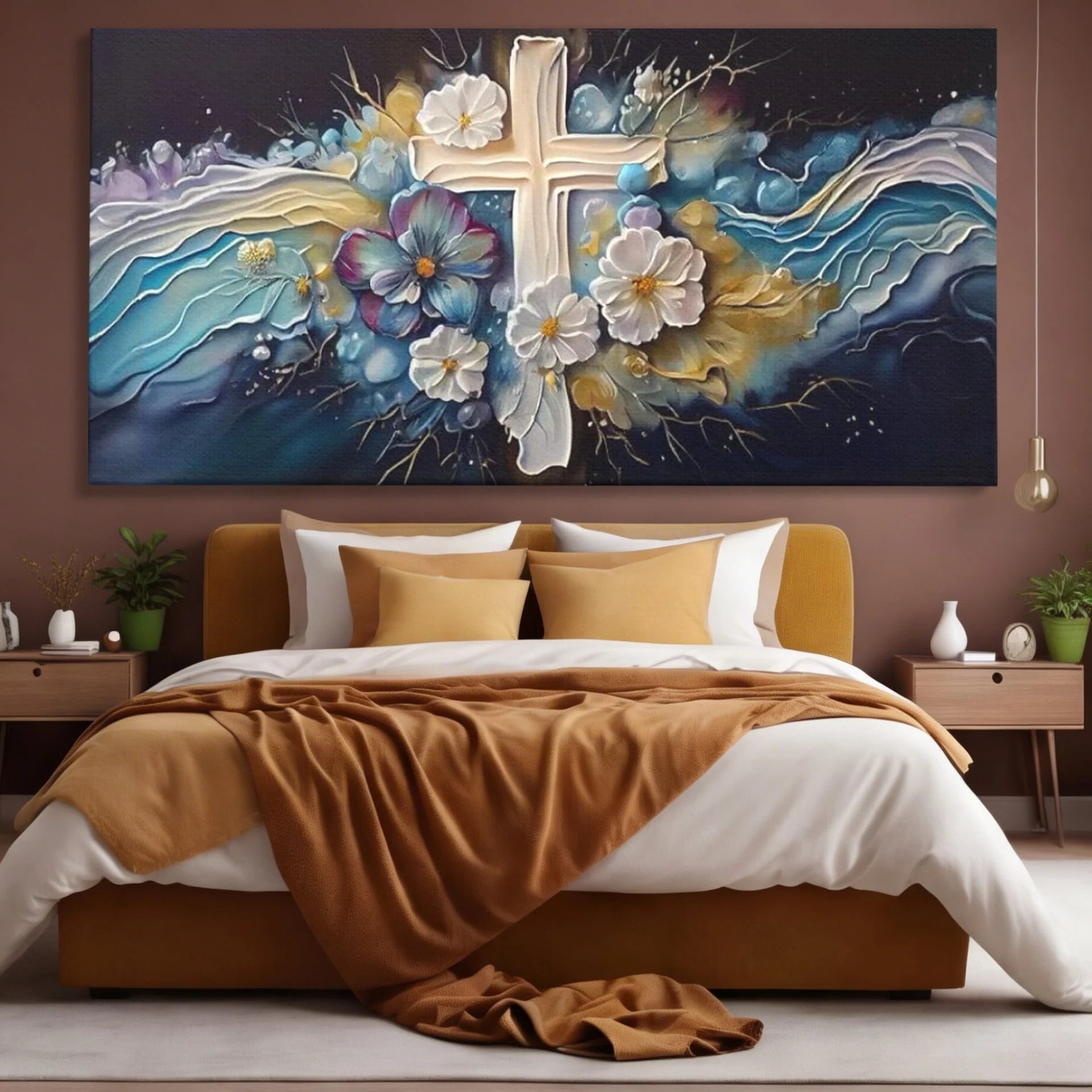 Tablou canvas cu pictura canvas cu cruce si flori, fara rama, pe sasiu de lemn, pe perete intr-un dormitor