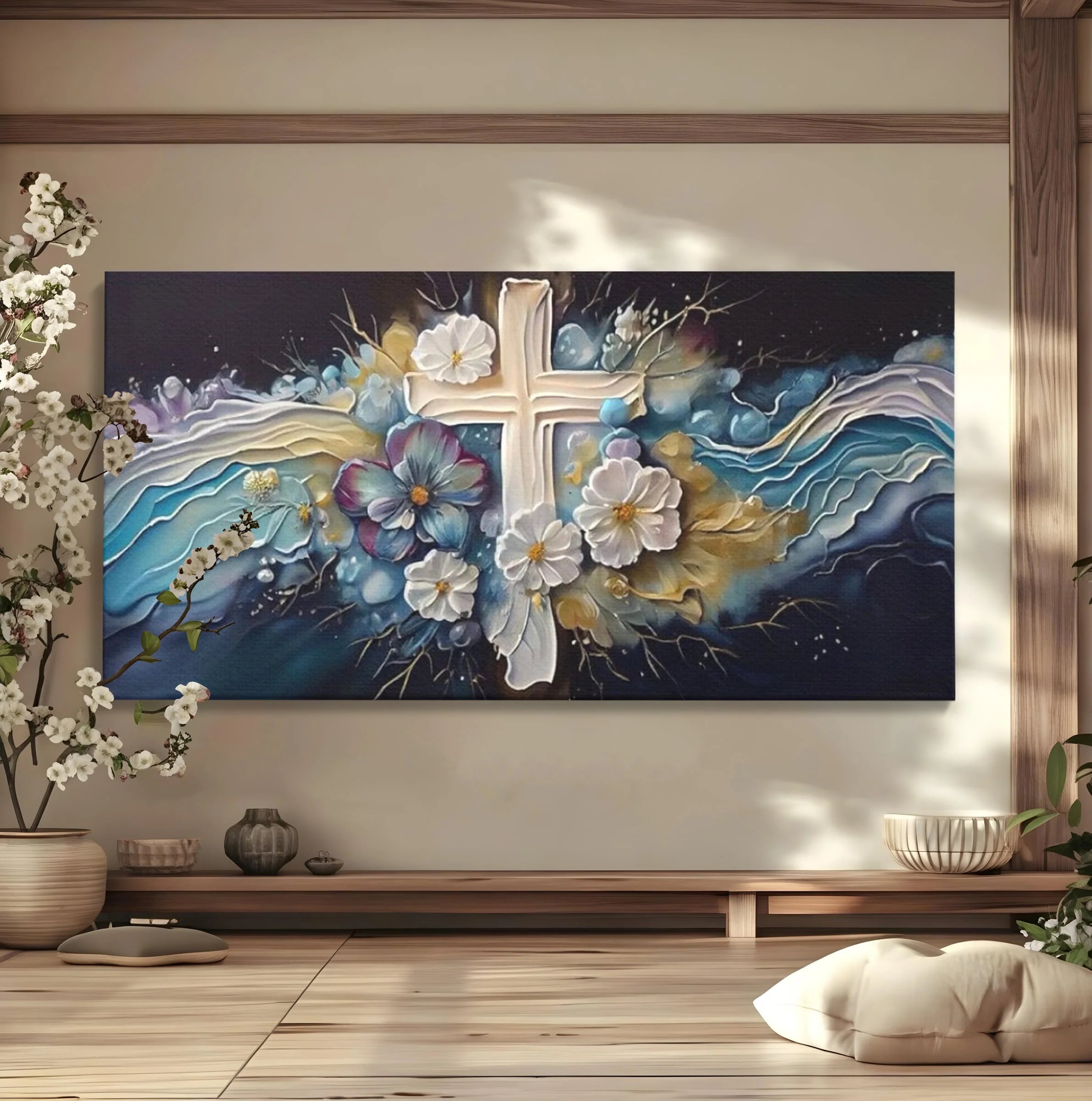 Tablou canvas cu pictura canvas cu cruce si flori, fara rama, pe sasiu de lemn