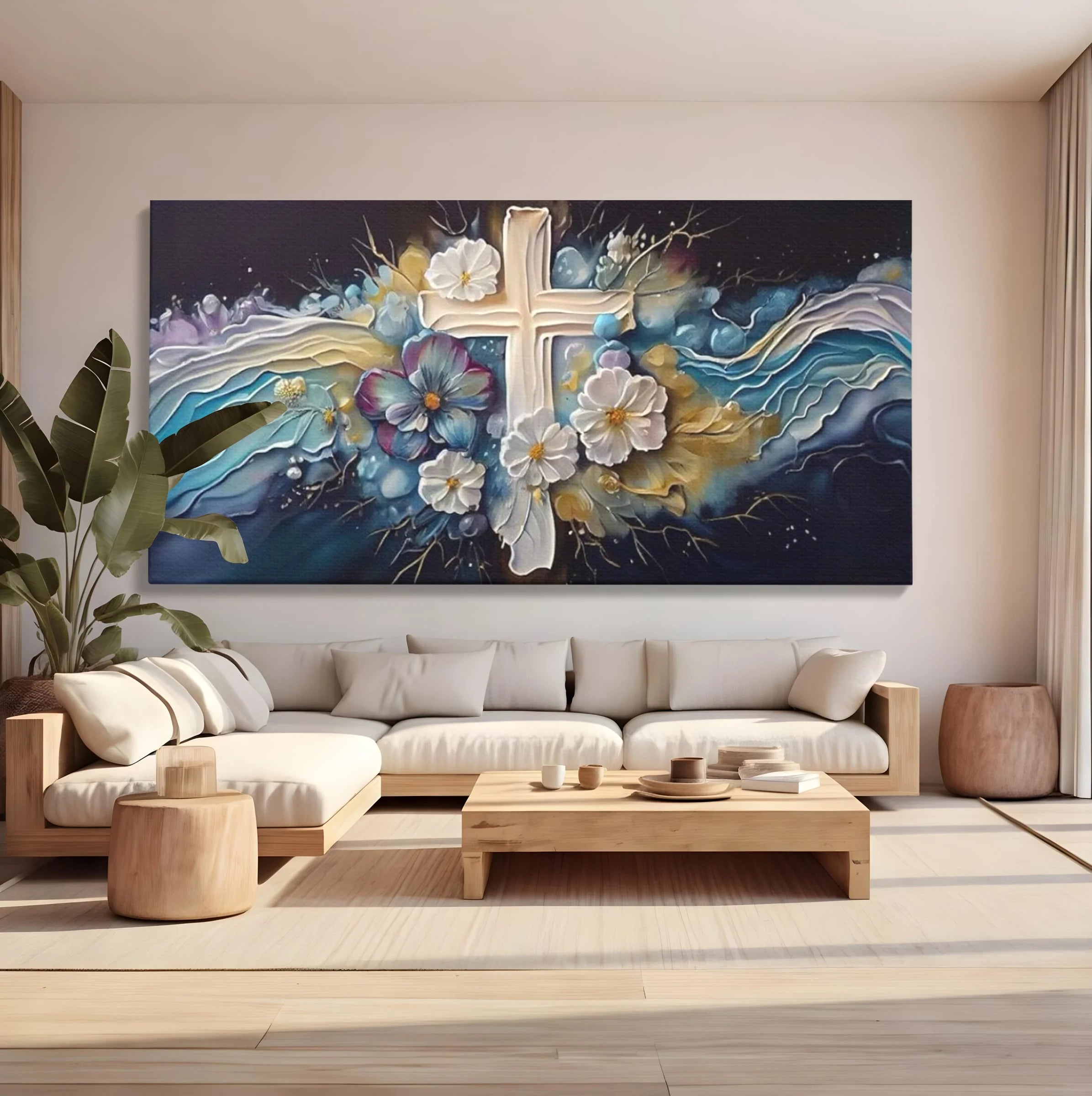 Tablou canvas cu pictura canvas cu cruce si flori, fara rama, pe sasiu de lemn, pe perete intr-un living