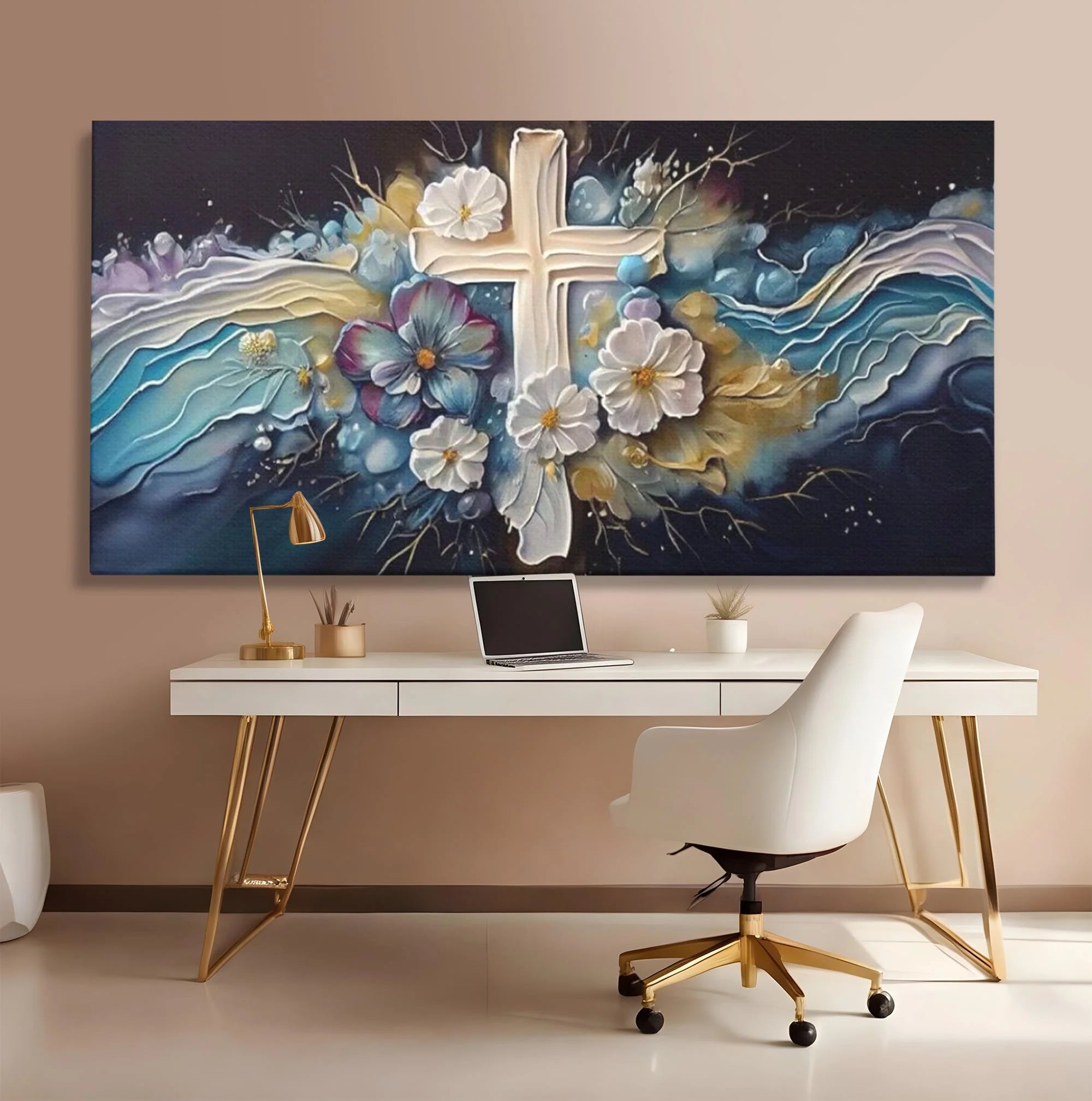 Tablou canvas cu pictura canvas cu cruce si flori, fara rama, pe sasiu de lemn, pe perete intr-un birou