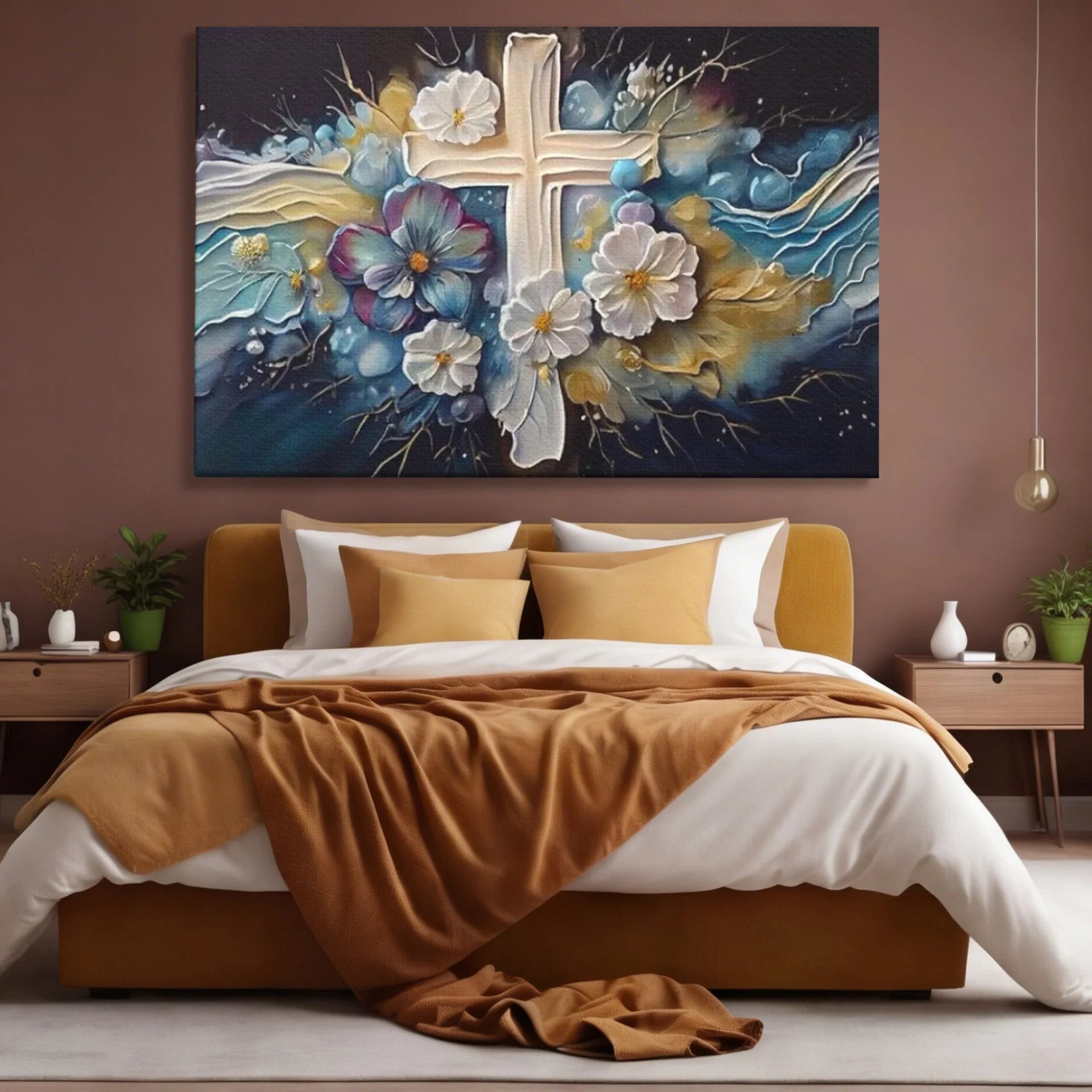 Tablou canvas cu pictura canvas cu cruce si flori, fara rama, pe sasiu de lemn, pe perete intr-un dormitor
