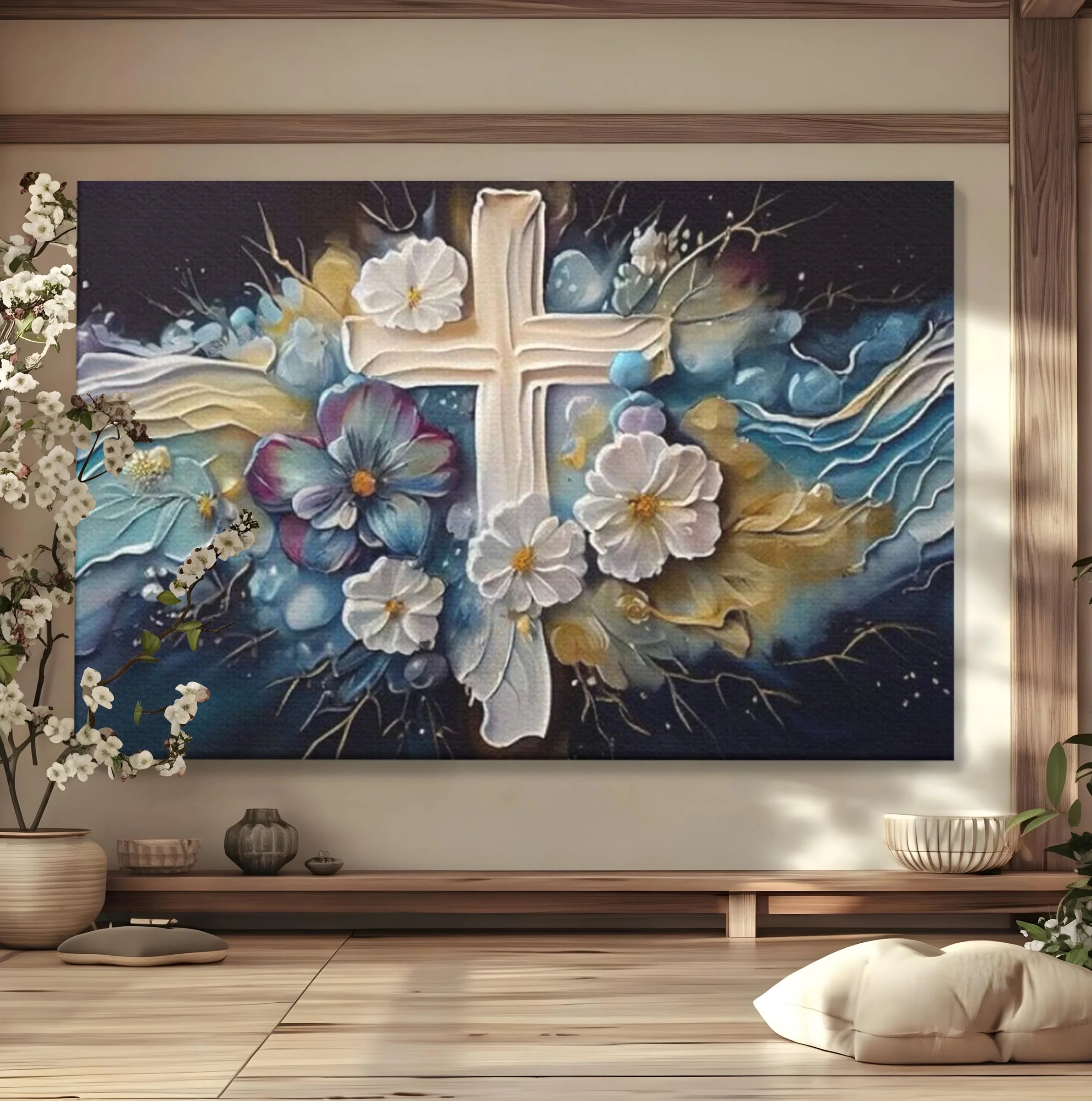 Tablou canvas cu pictura canvas cu cruce si flori, fara rama, pe sasiu de lemn