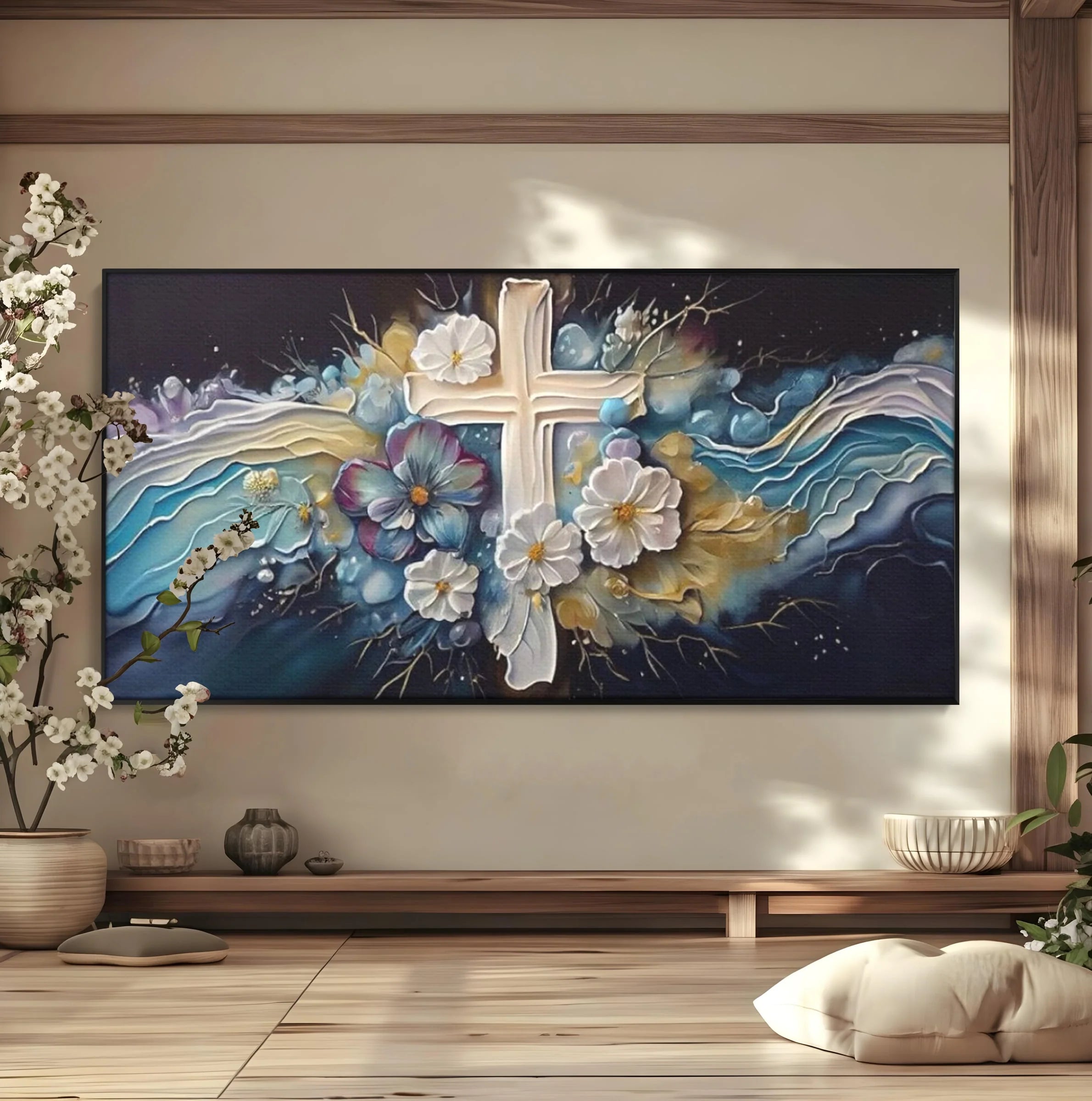 Tablou canvas cu pictura canvas cu cruce si flori, in rama de aluminiu negru