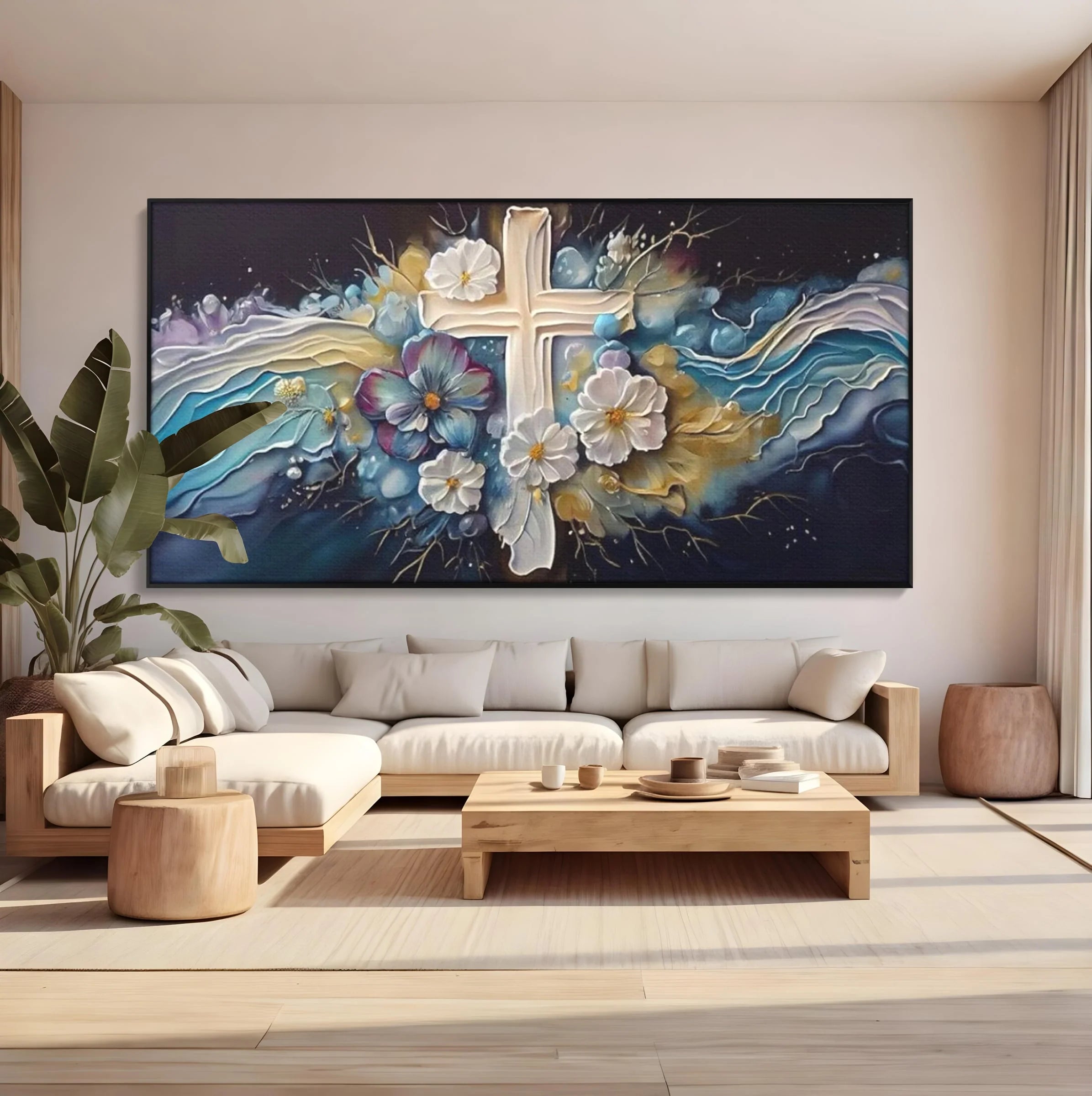 Tablou canvas cu pictura canvas cu cruce si flori, in rama de aluminiu negru, pe perete intr-un living