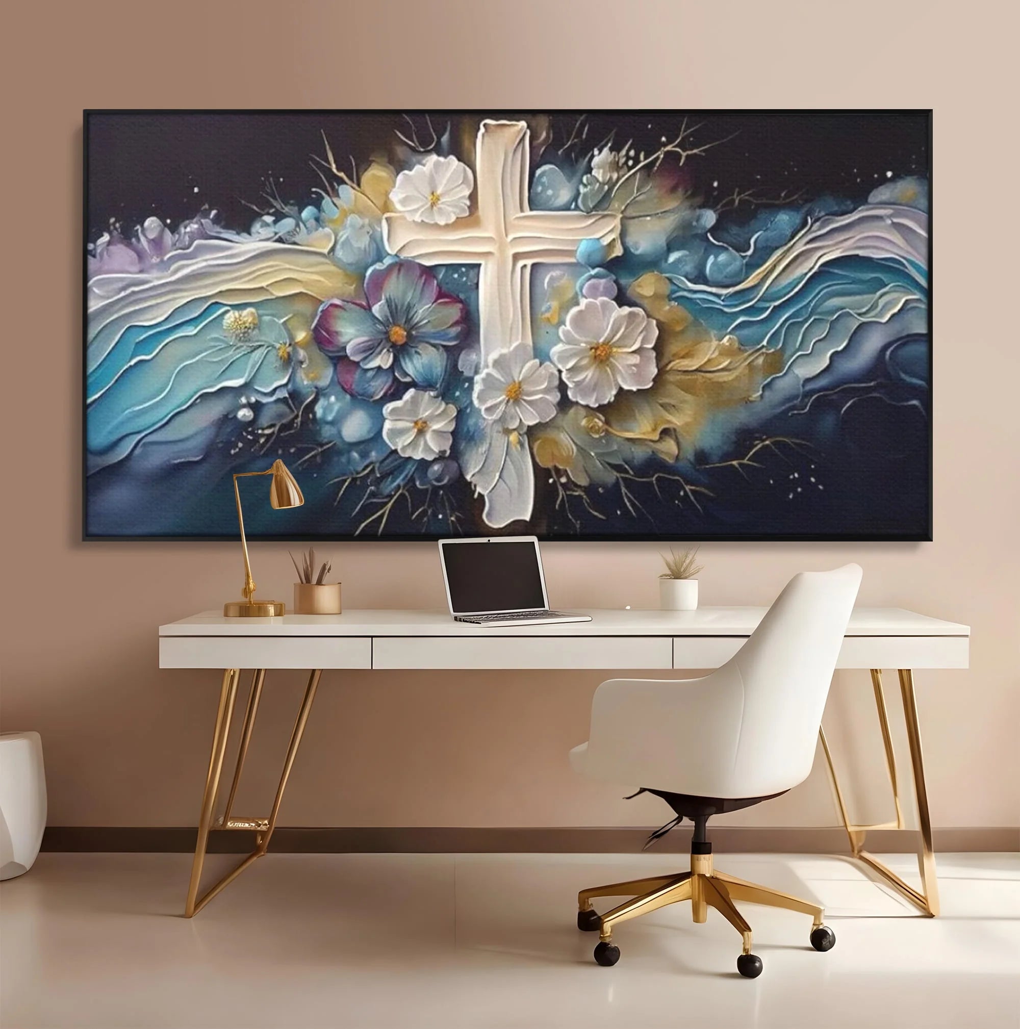 Tablou canvas cu pictura canvas cu cruce si flori, in rama de aluminiu negru, pe perete intr-un birou