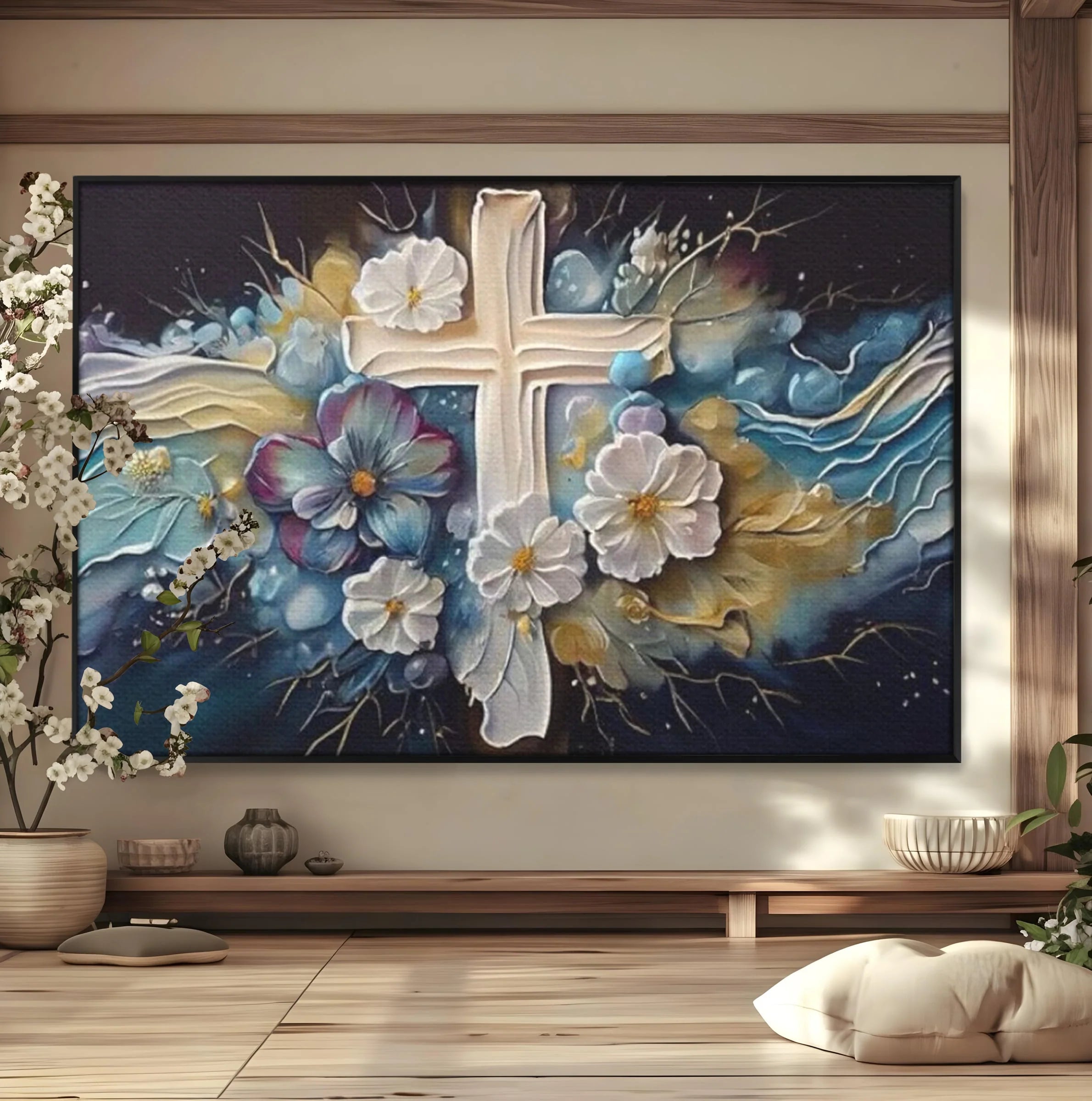 Tablou canvas cu pictura canvas cu cruce si flori, in rama de aluminiu negru