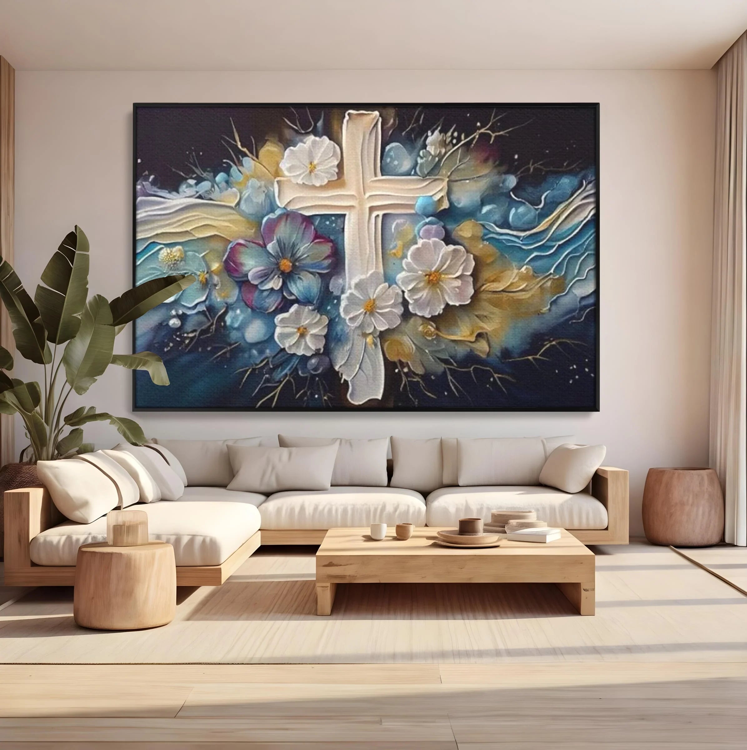Tablou canvas cu pictura canvas cu cruce si flori, in rama de aluminiu negru, pe perete intr-un living